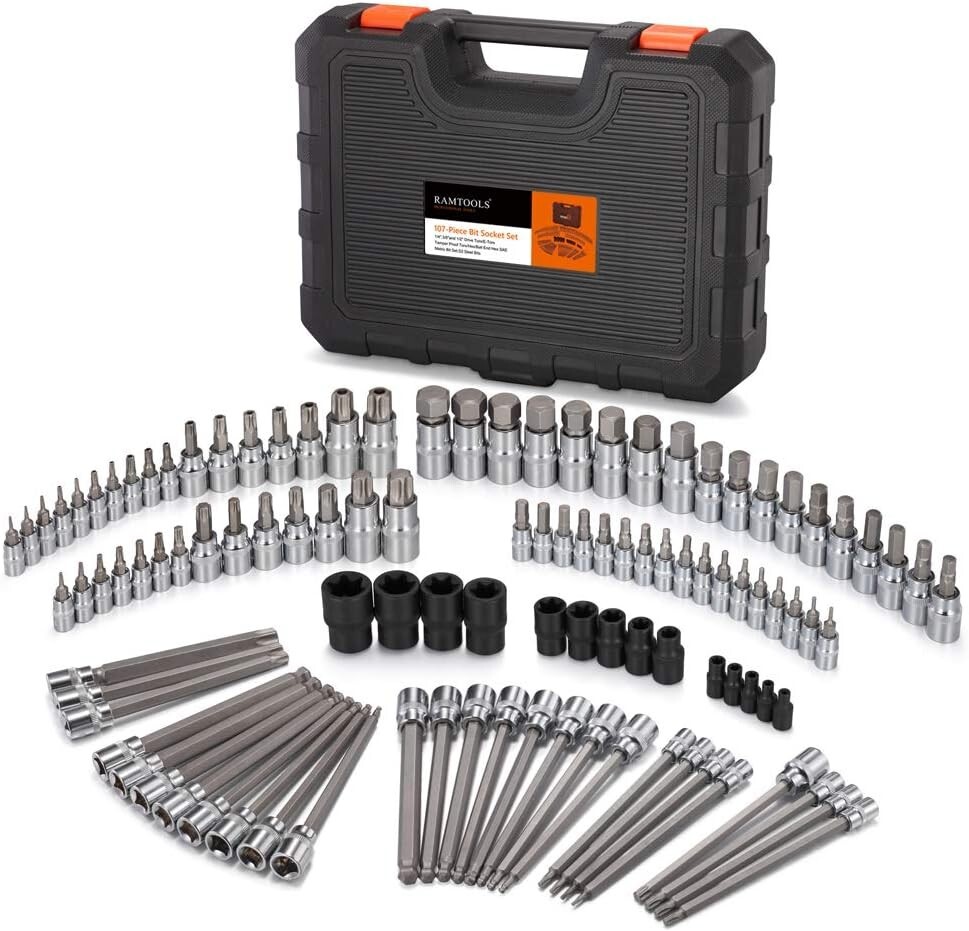 107-Piece Allen and Torx Bit Socket Set, 1/4″, 3/8″ and 1/2″ Drive Hex/Ball E…