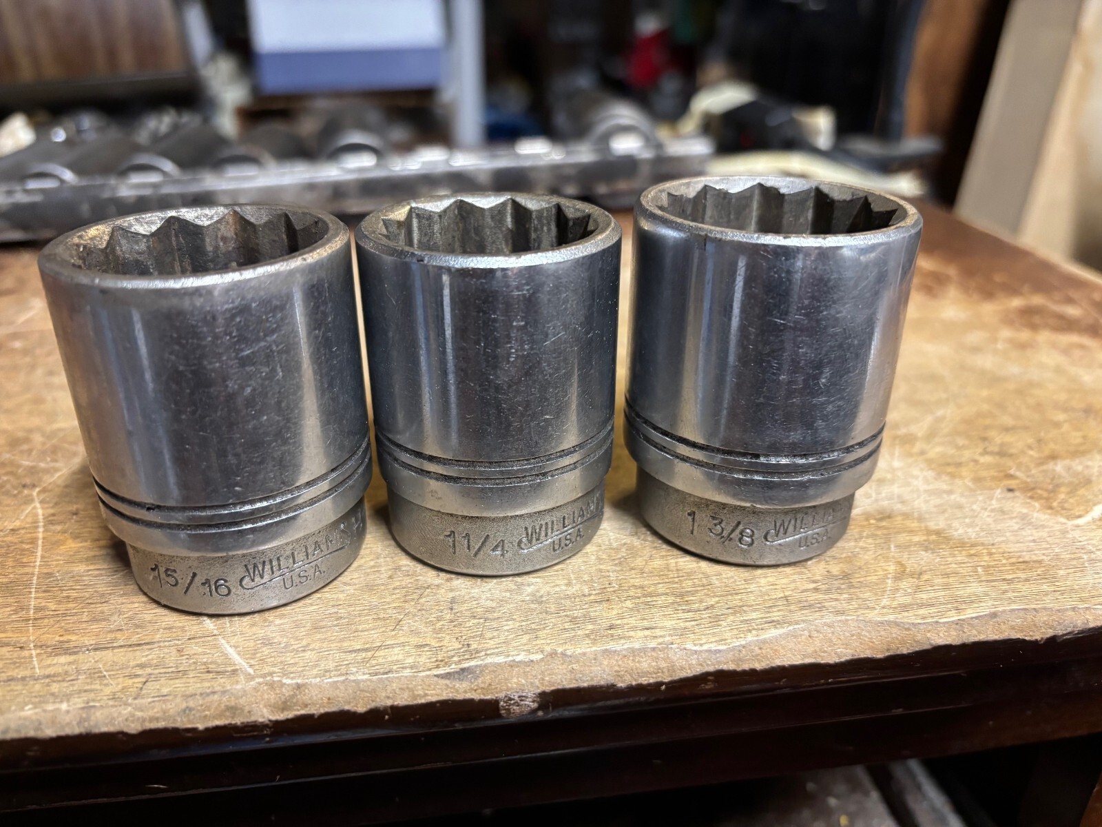 4 Williams Tools USA SAE Shallow Sockets 3/4″ Drive 12 Point 1 3/8″ 1 1/4″ 15/16