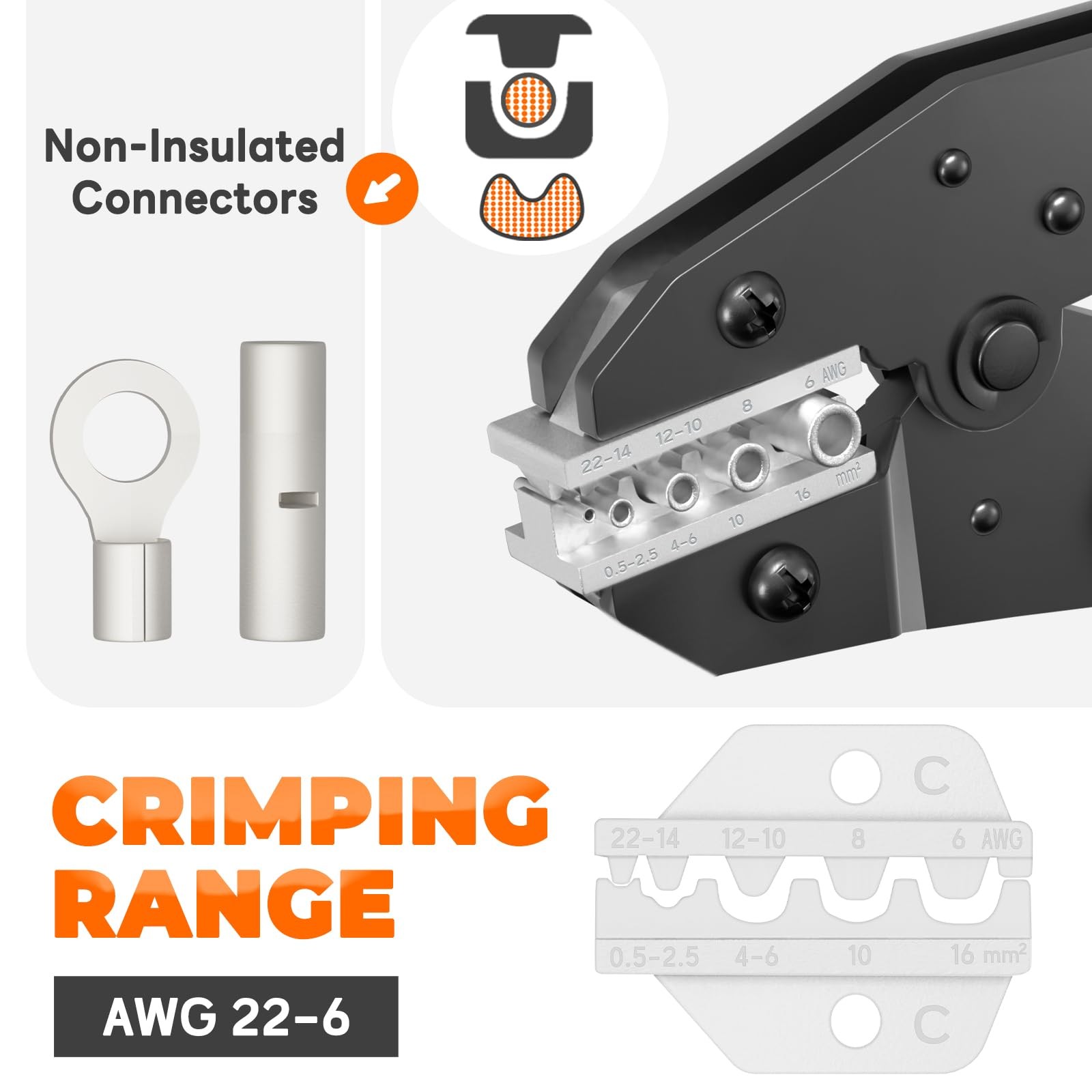 Noxtren Crimping Tool for Non-Insulated Terminal – AWG 9 Inch, Orange, Black