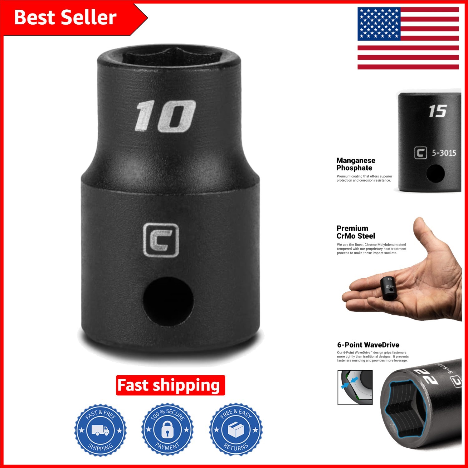 High Torque 10 mm Impact Socket, 3/8-in Drive, 6-Point WaveDrive Technology