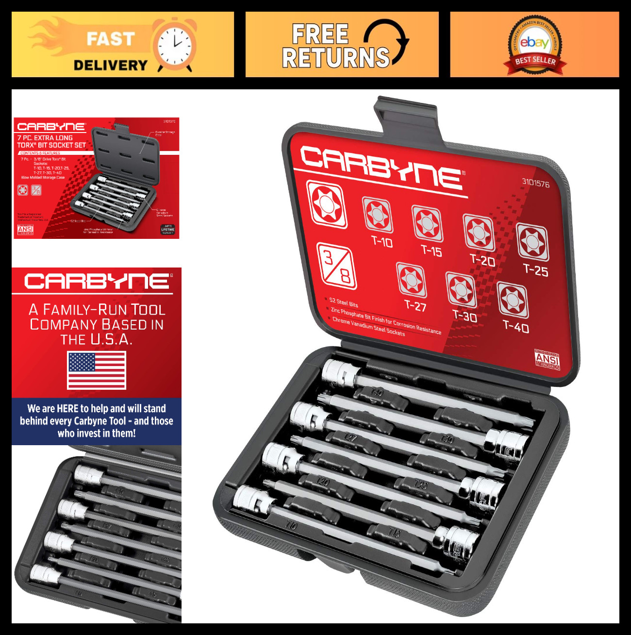 7-Piece Extra Long Torx Bit Socket Set T10-T40, 3/8″ Drive, S2 Steel, Durable Ca