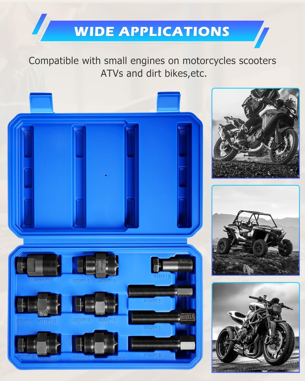 Motorcycle Flywheel Puller Set – 10 Sizes for Small Engines, Scooters, ATVs, Dir