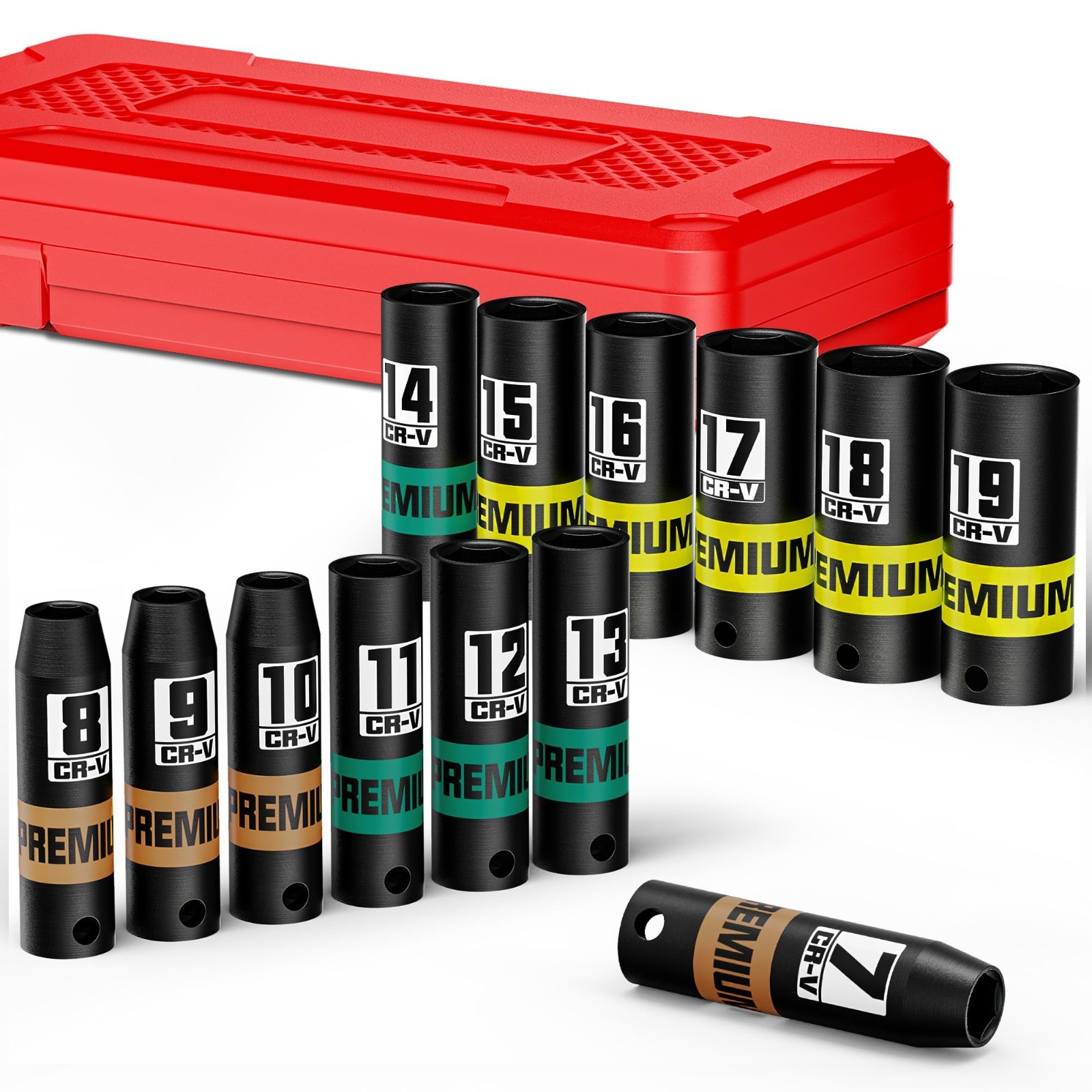 13-Piece 3/8″ Drive Deep Impact Socket Set, 7-19mm, Heavy-Duty CR-V, 6 Point, Au