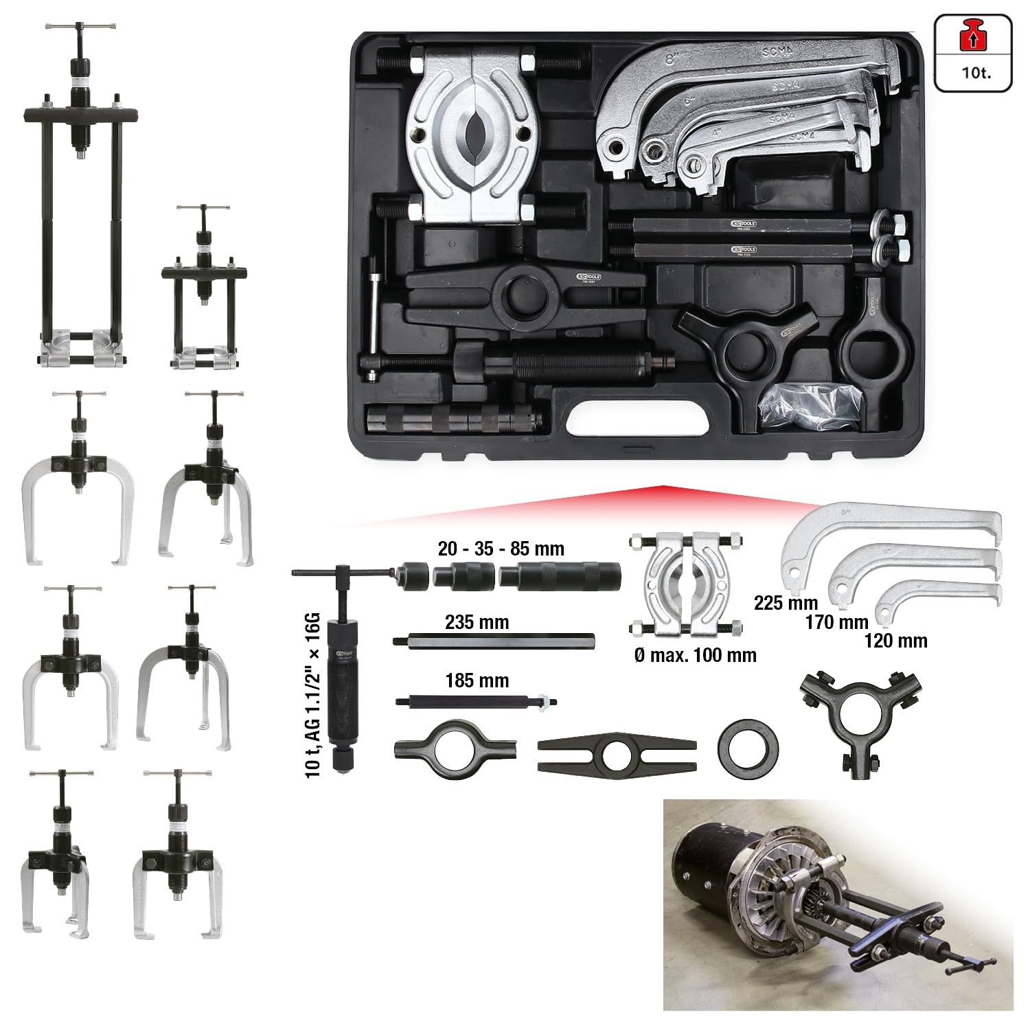 700.1200 hydraulic puller set 2 arm and 3 arm, 22 pieces