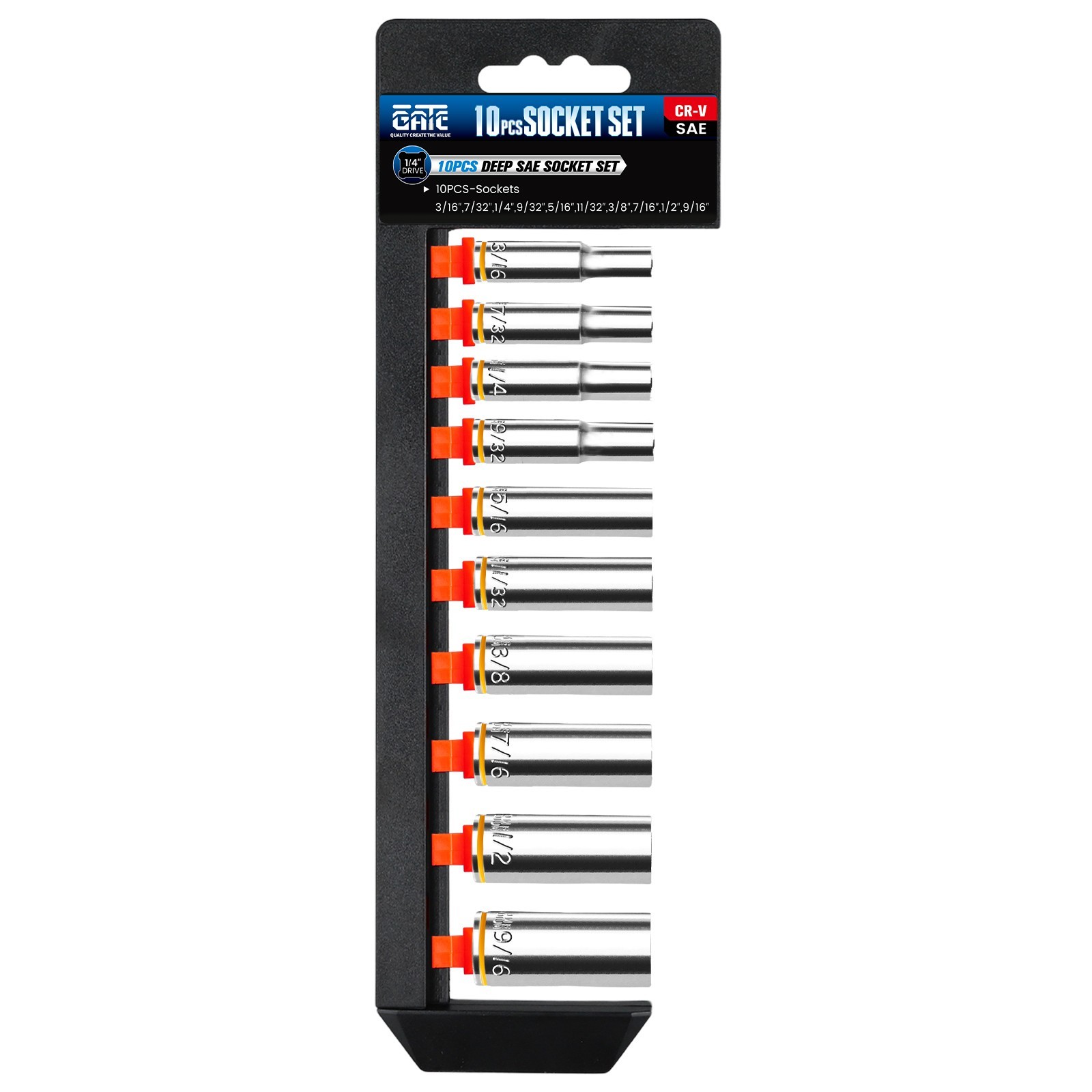 10PCS 1/4” Drive Deep Socket Set, SAE (3/16″-9/16″), 6-Point, Cr-V Steel