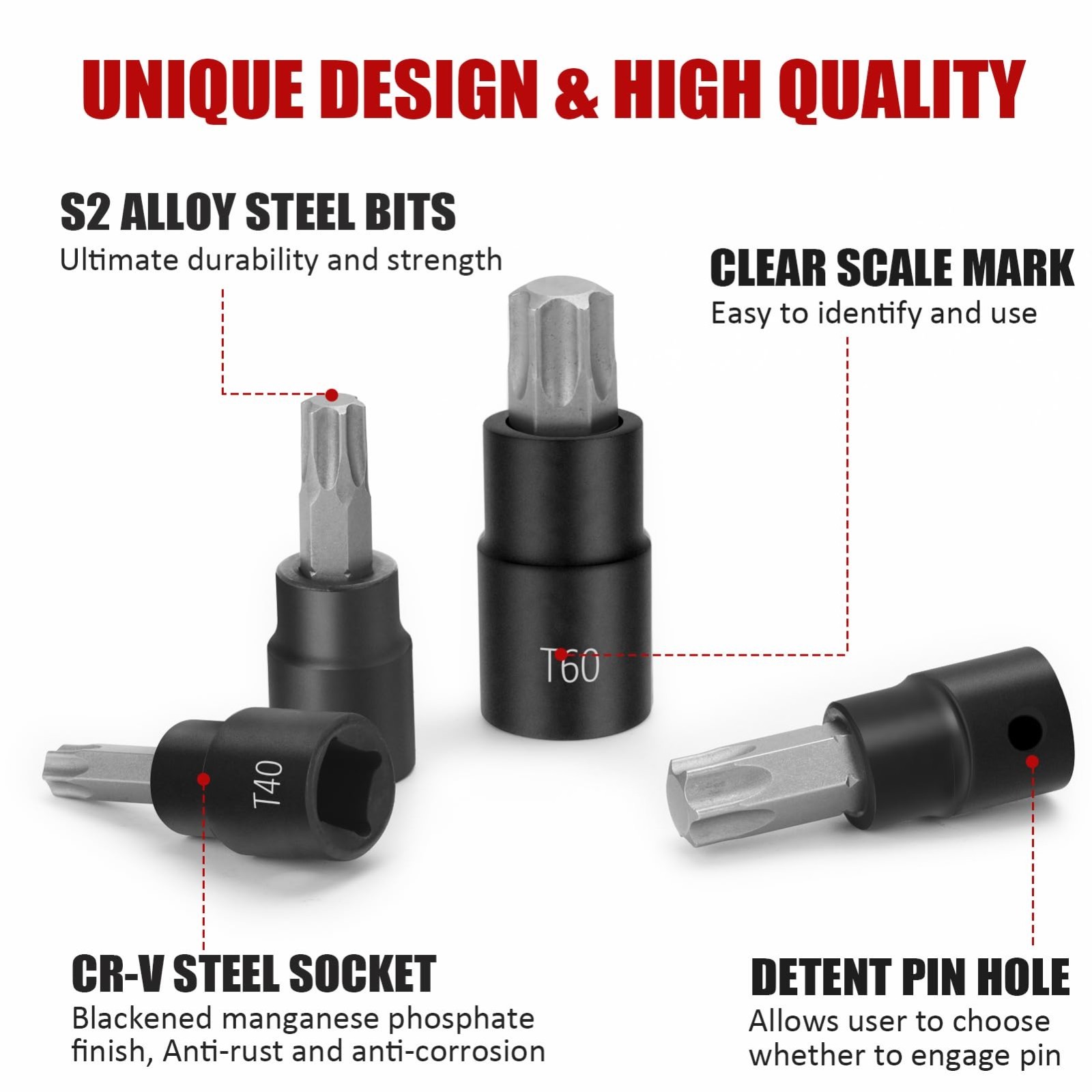 13-Piece Torx Bit Socket Set T8-T60, 1/4” 3/8” 1/2” Drive, S2 Steel & CR-V, Case