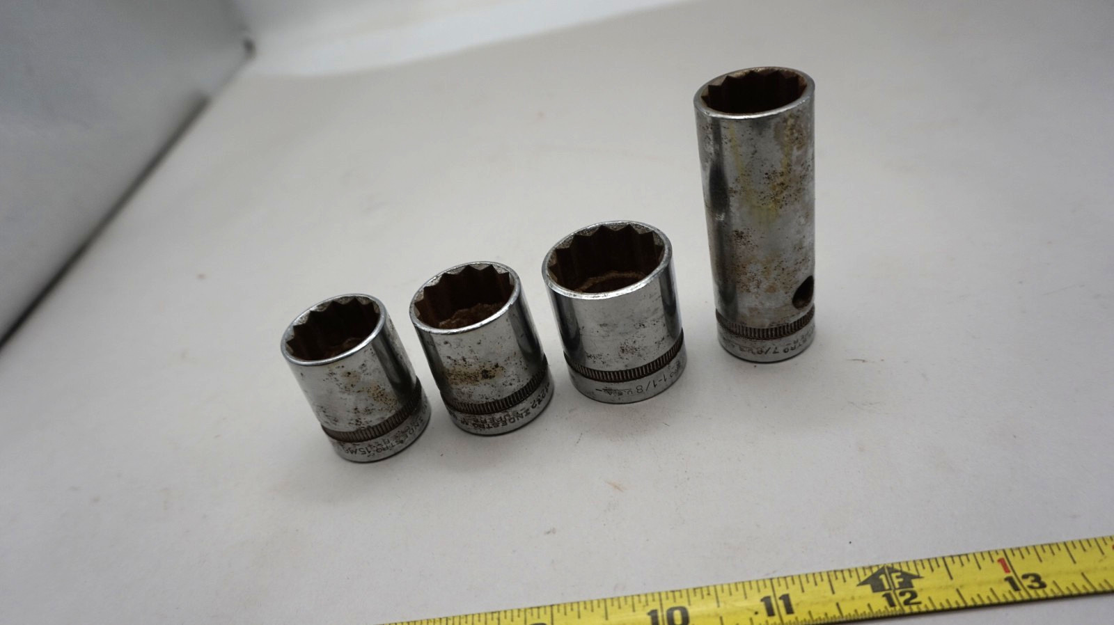 Vintage Industro Super 1/2 Inch Drive 1 1/8 , 1 , 15/16 & 7/8″ deep 4 sockets