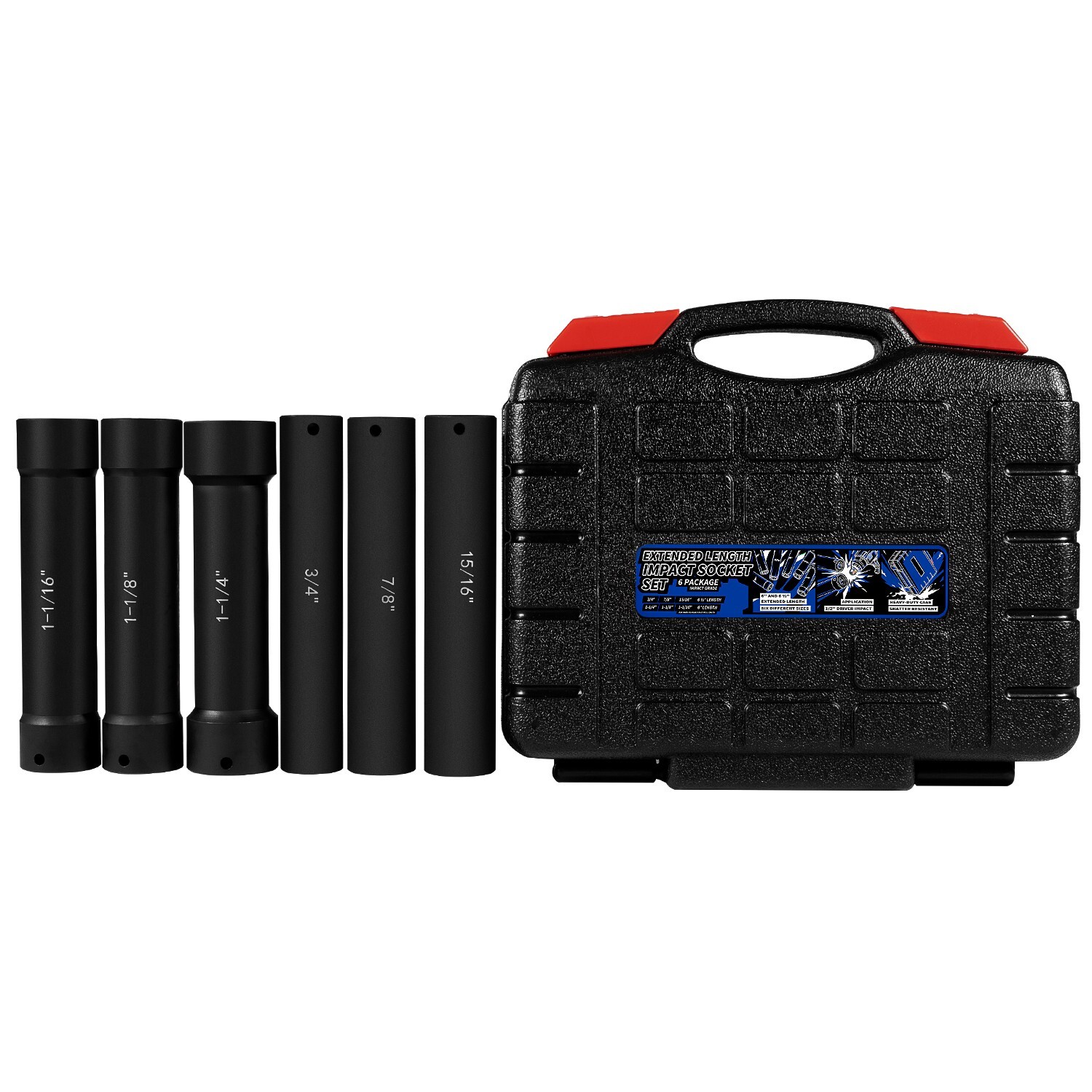 1/2 Inch Drive Heavy Duty Extended Length Extra-Deep Length Impact Socket , 6 PC