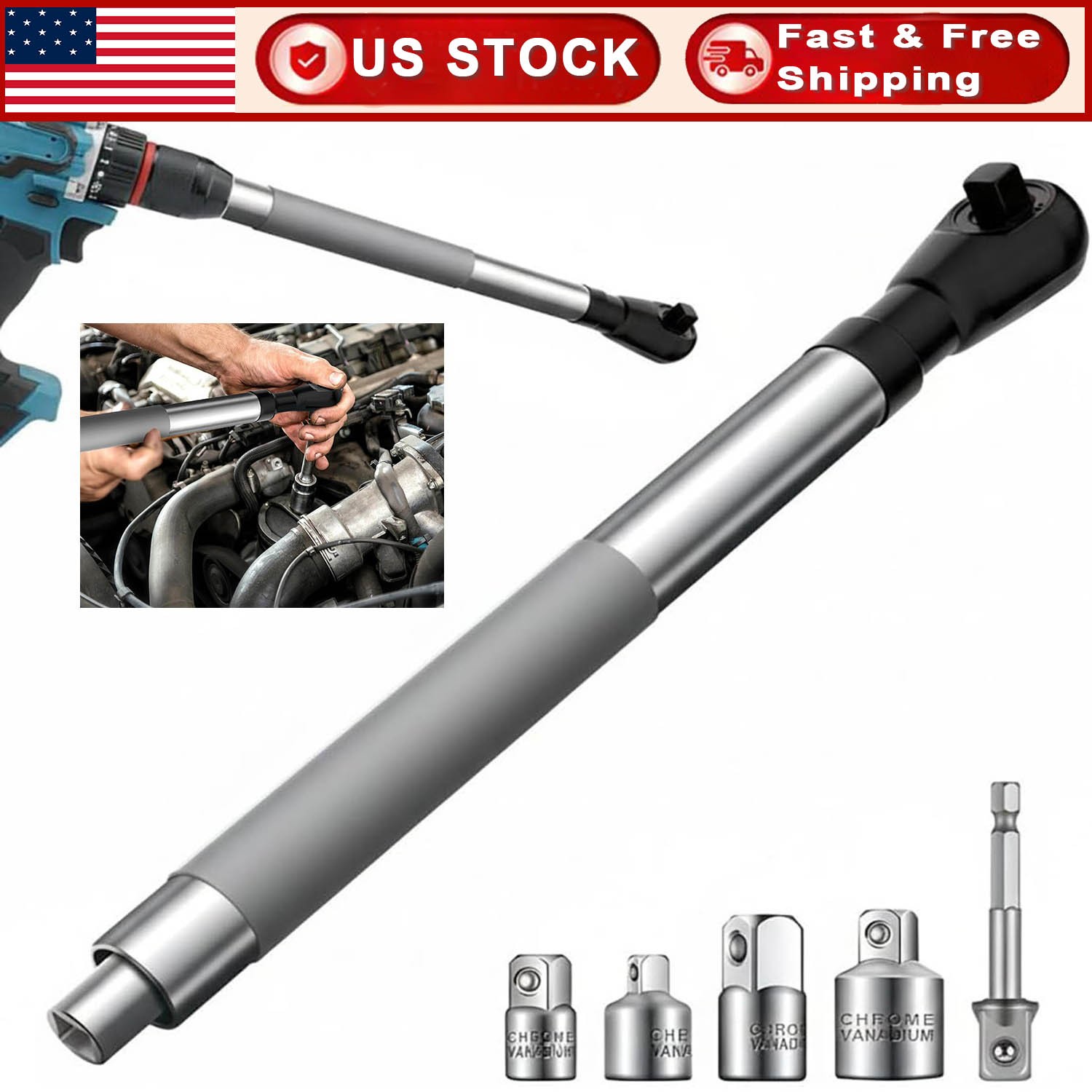 1/2″ Offset Extension Wrench Impact Ratchet Extender for Electric Drill 3/8″ 1/4