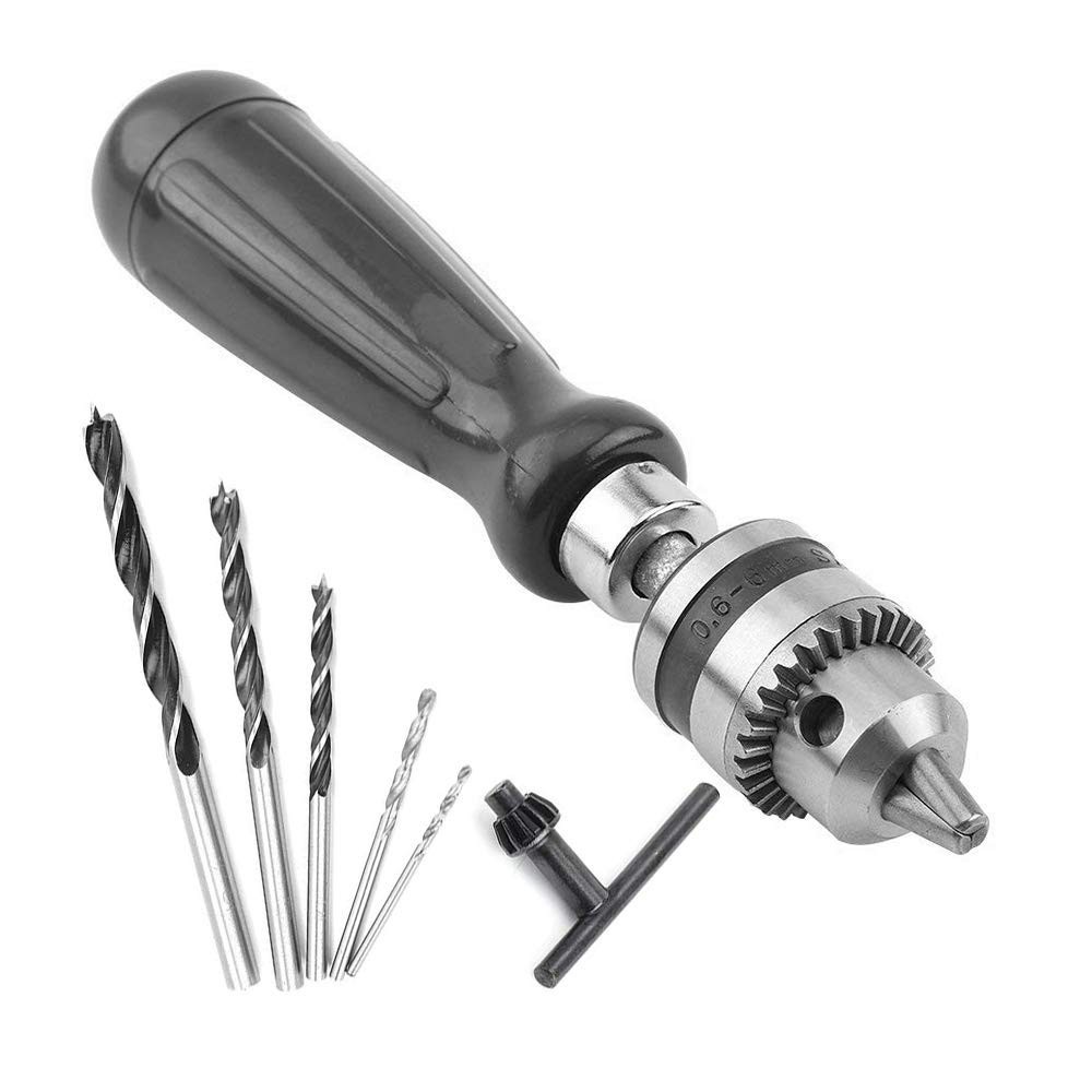 Hand Drill Bits Set 7 in 1 Manual Tool Pin Vises with Chuck Key & 5pcs Twist Dri
