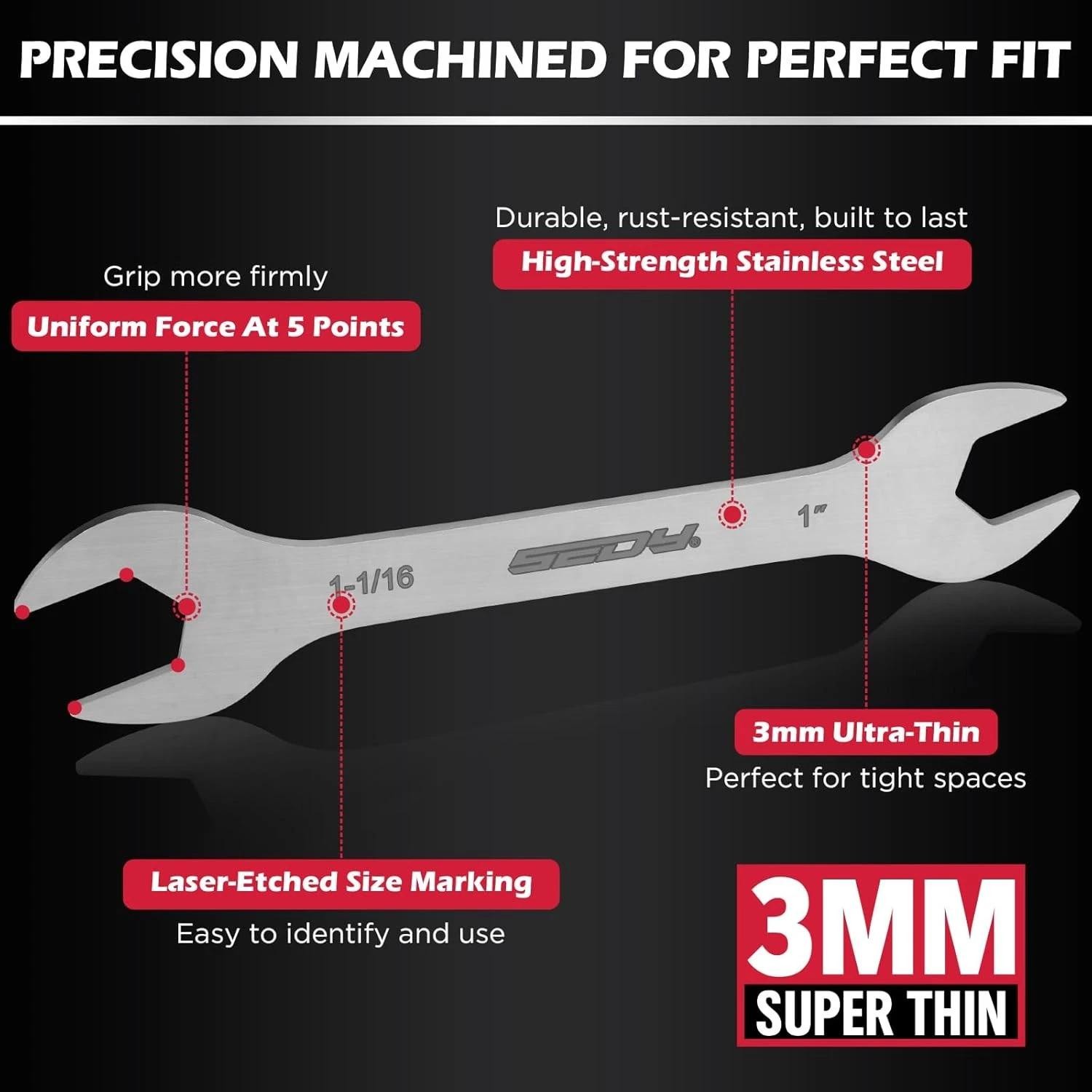 19-piece Super Thin Open-end Wrench Set, Sae 1/4"-1-1/16" & Metric