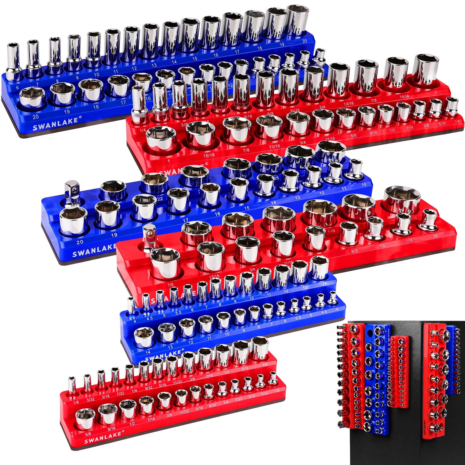 Magnetic Socket Organizer Set, 6PCS Holder, Red/Blue, Blue&red