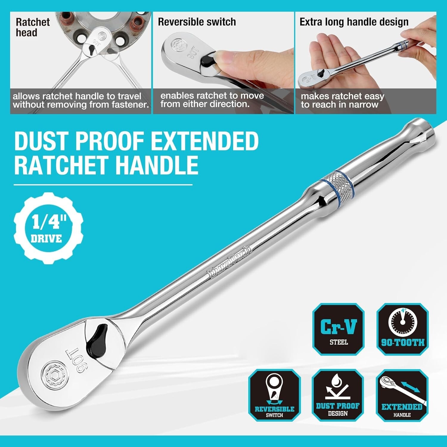 DURATECH Extra Long Handle Drive Ratchet 90-Tooth Ratchet Wrench Dust Proof NEW