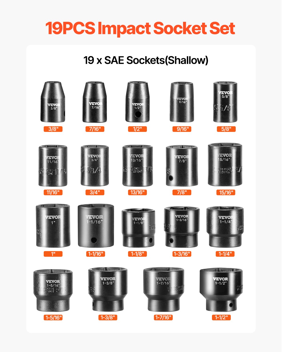 Impact Sockets Set 1/2 Inches 19 PCS 3/8» to 1-1/2» SAE 6-Point Extension Bar