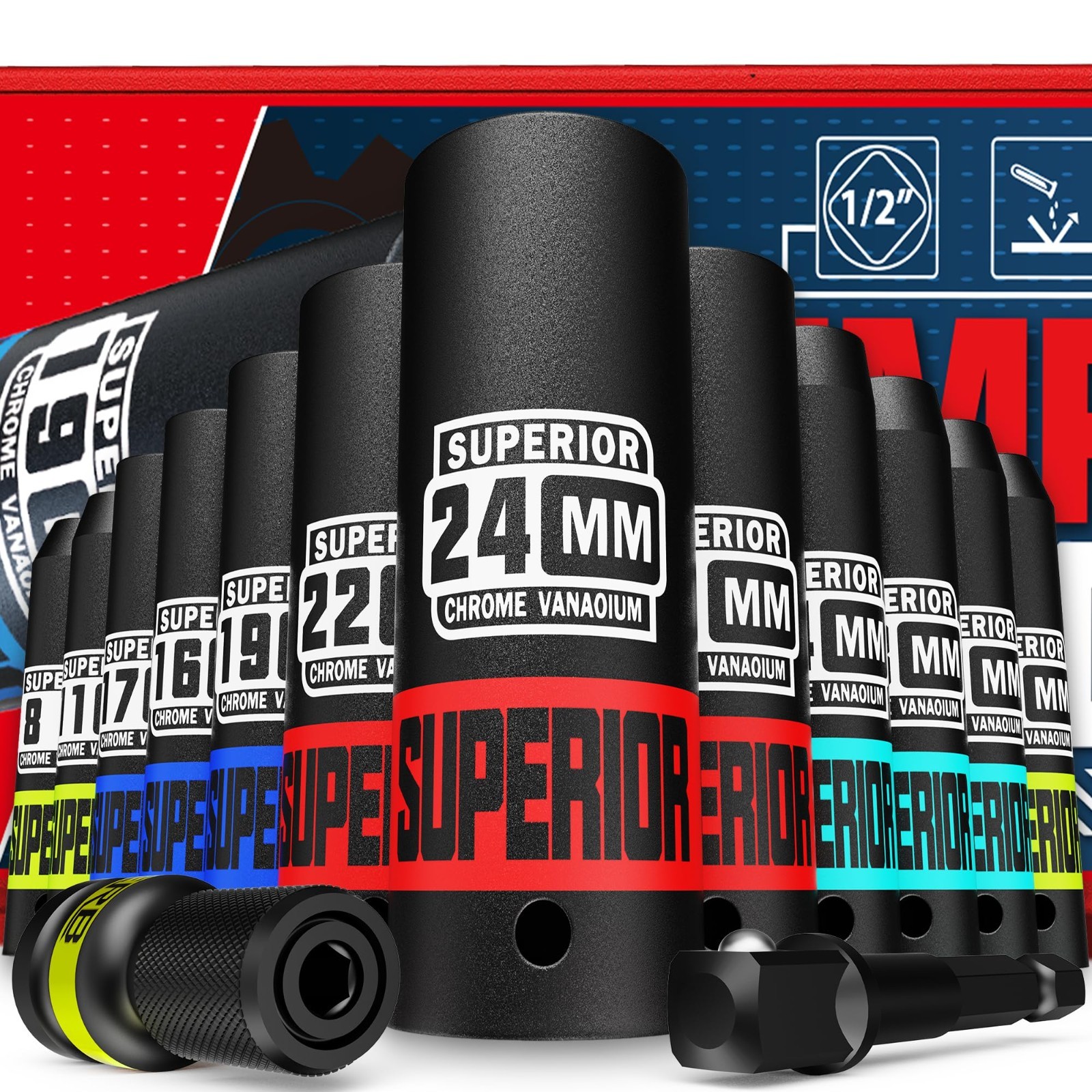 14-Piece 1/2″ Drive Metric Impact Socket Set, 8mm-22mm Deep Sockets, Quick-Relea