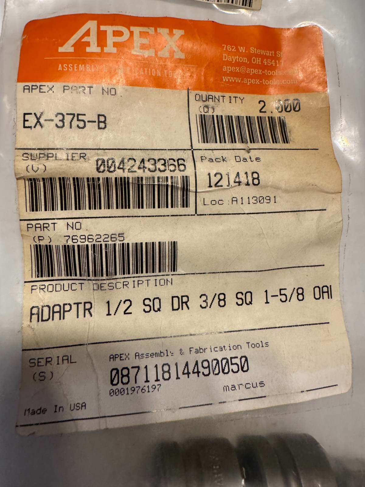 Qty 2 Apex EX-375-B Impact Extension Adapter Drive Socket Bit
