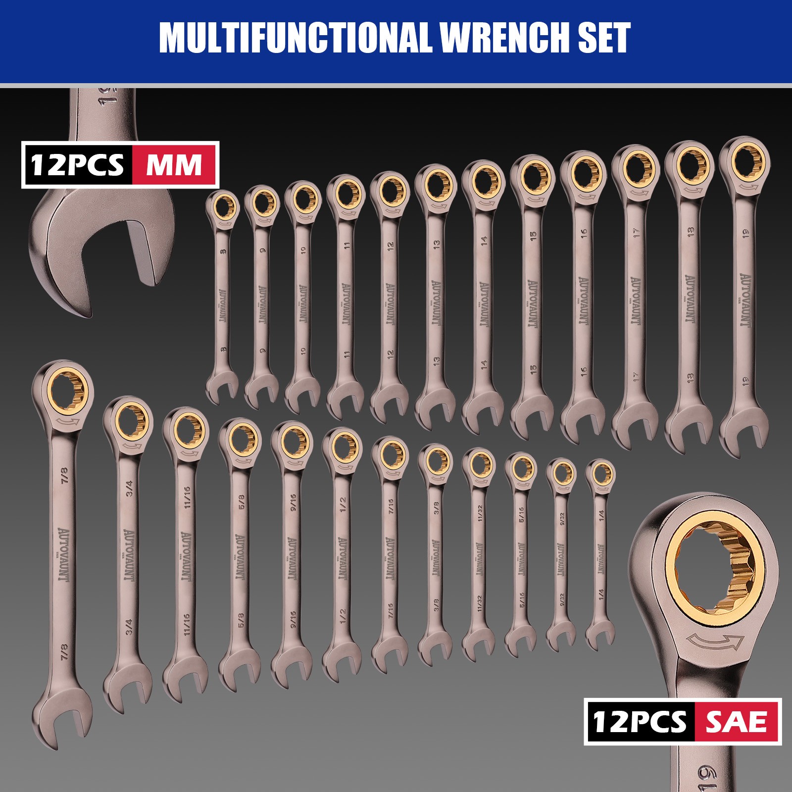24-PCS Ratcheting Wrench Set with Organizer 8-19 mm & 1/4″ to 7/8″ 72-Teeth CR-V