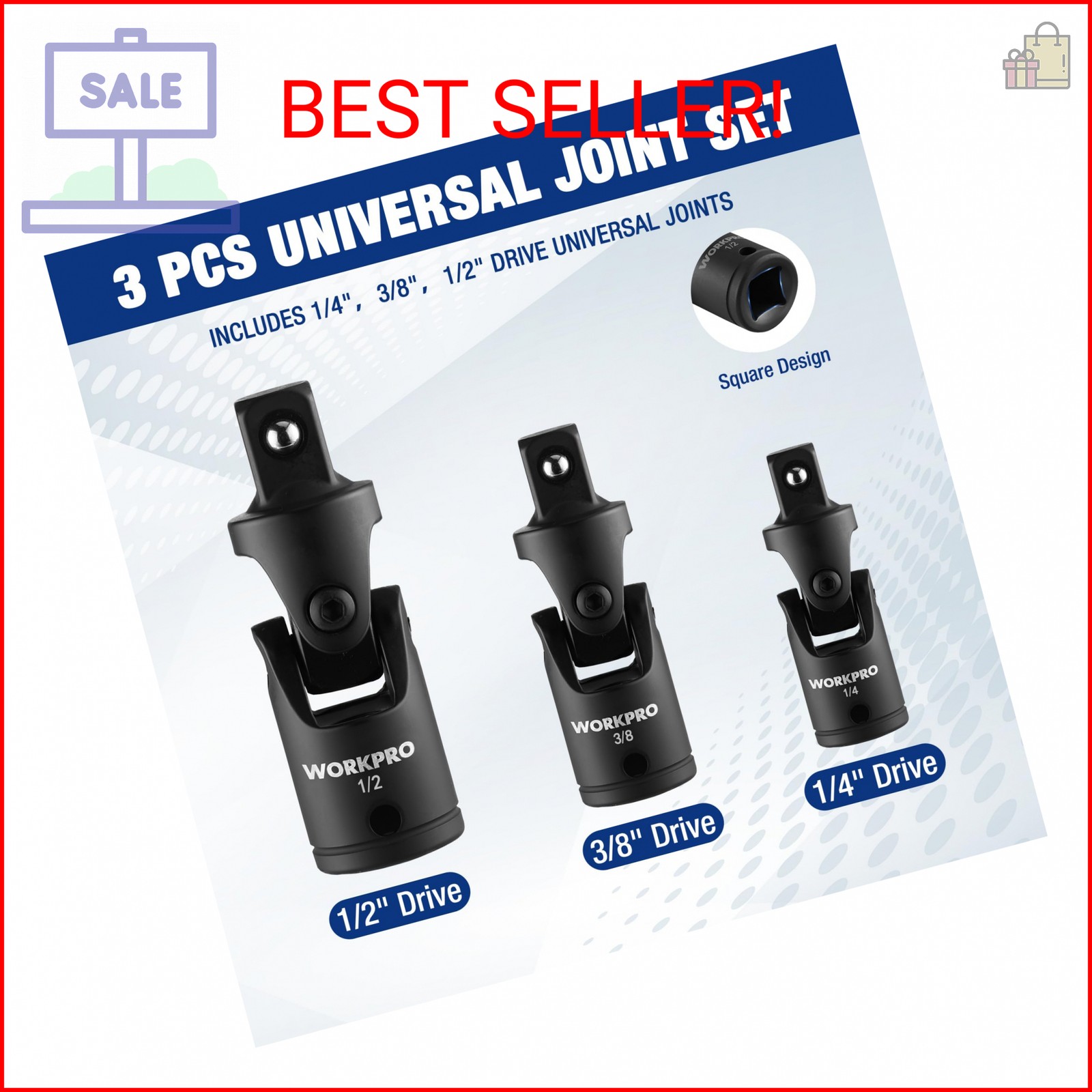 WORKPRO Universal Joint Socket Adapter Set, 3-Piece 1/4″ 3/8″ 1/2″ Drive