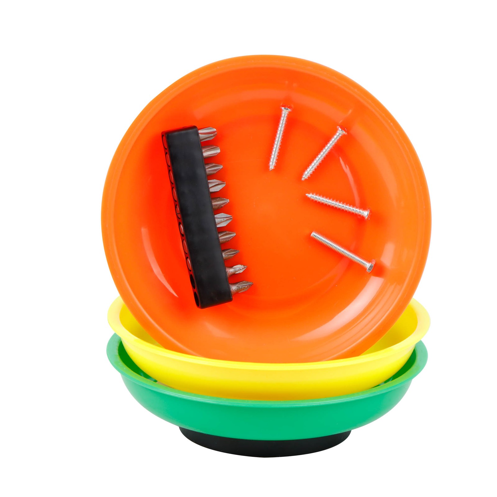 3x Magnetic Round Dish Tray Hi Viz Sturdy Base For Pins Nails Screws Nuts Bolts