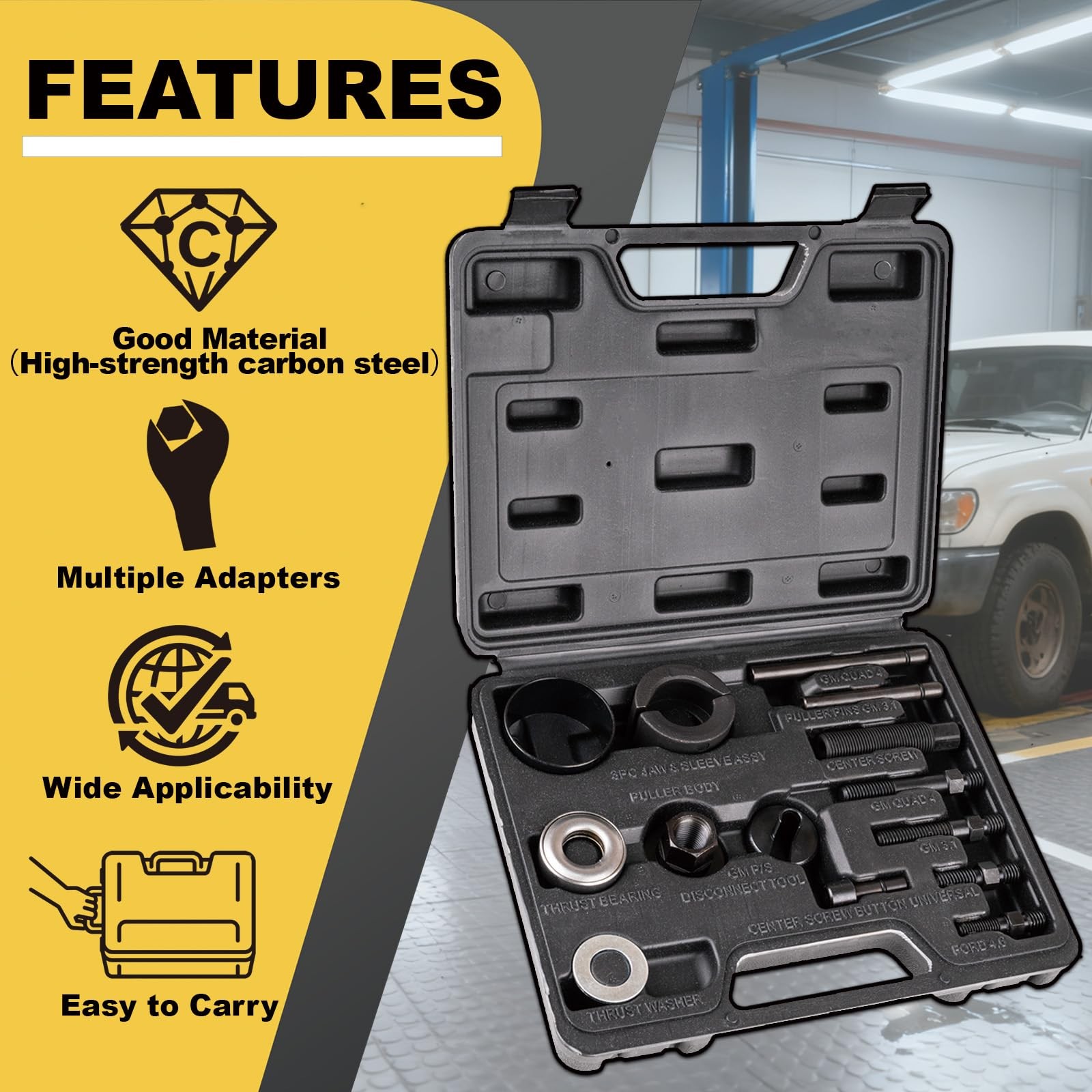 14 PCS Power Steering Alternator Pulley Tool Kit Auto Repair Storage Case