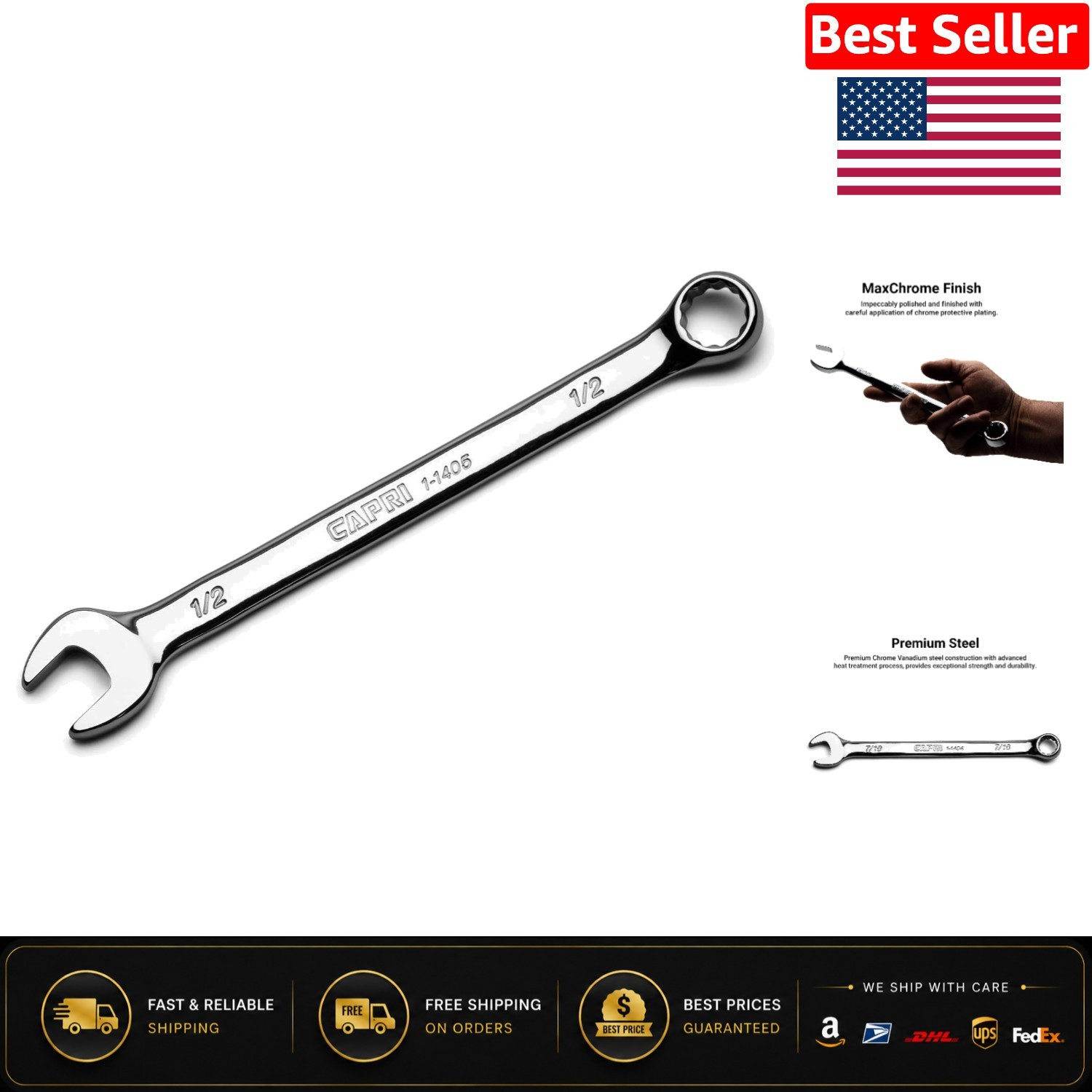Professional-Grade 1/2-Inch Chrome Vanadium Combination Wrench, Polished Finish