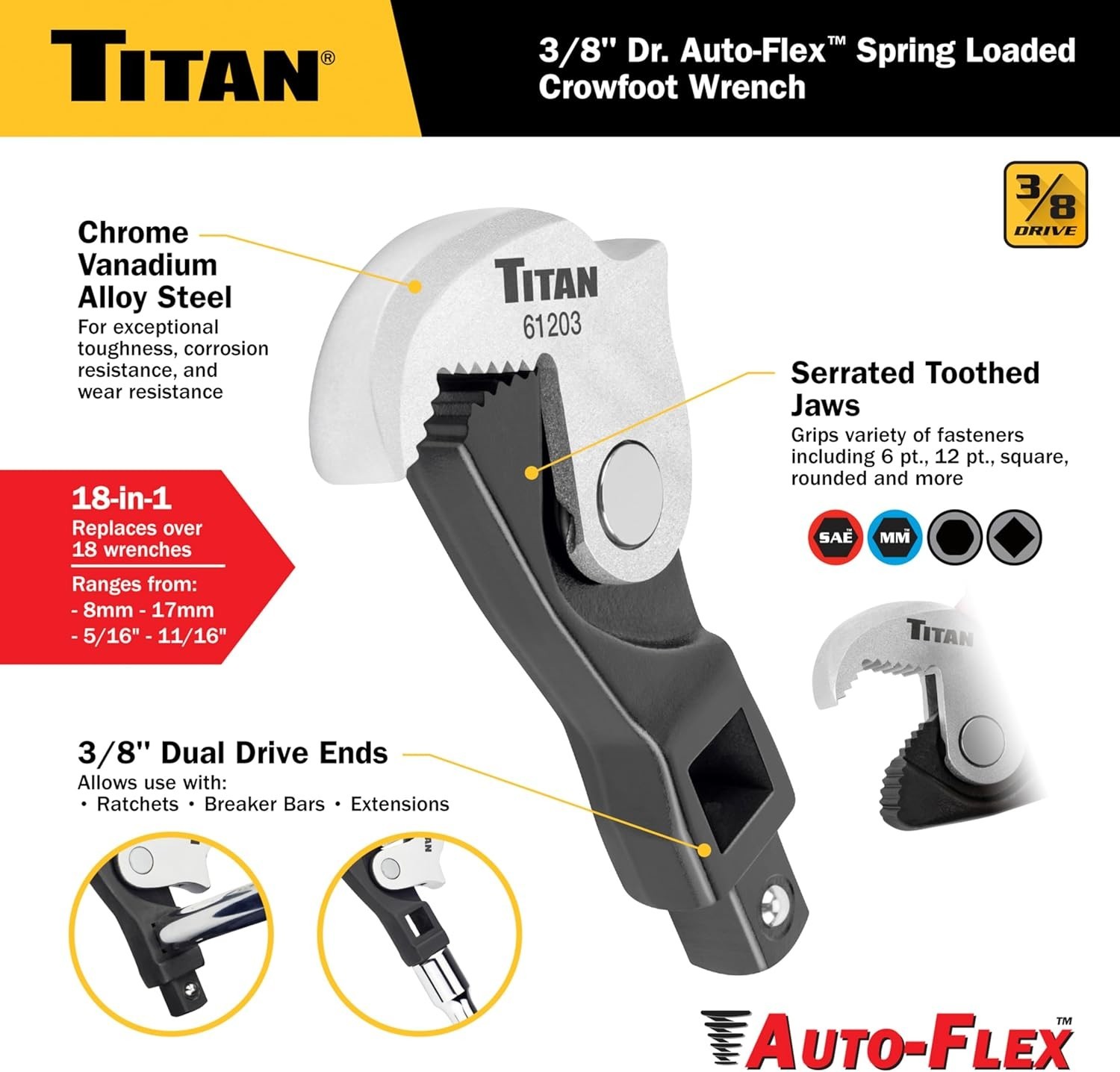 Titan 61203 3/8-Inch Drive Auto Flex Spring-Loaded Crowfoot Wrench
