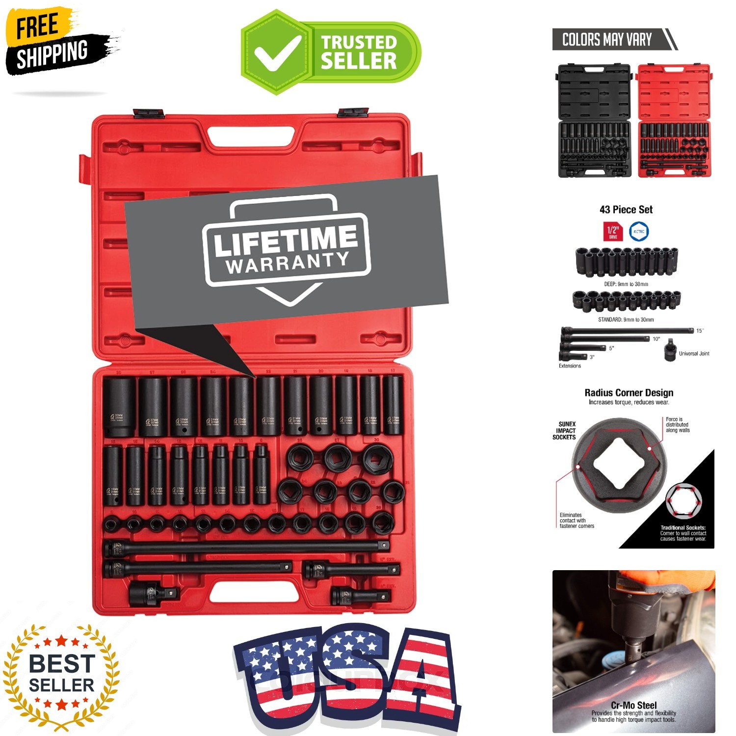 Sunex 2569, 1/2″ Drive Master Impact Socket Set, 43Piece, Metric, 9mm – 30mm,…