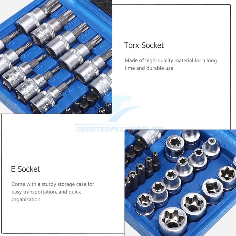 NEW 34pcs Torx Star Sockets & Bit Set Male Female E-torx Security Bits 3/8 Drive