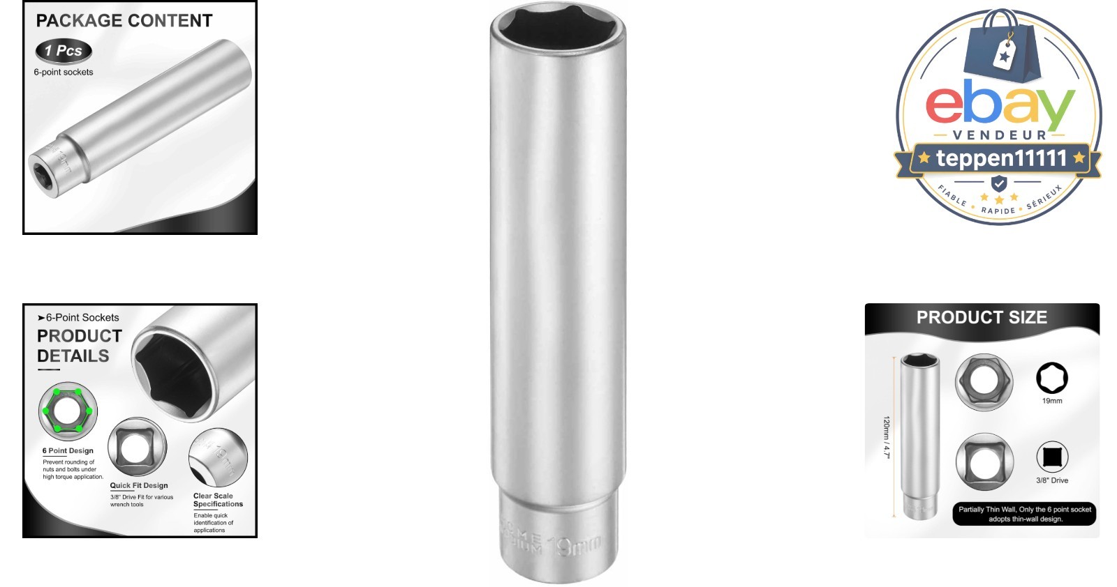 19mm Deep Socket 3/8″ Drive Extra Long 120mm CR-V Steel Tool