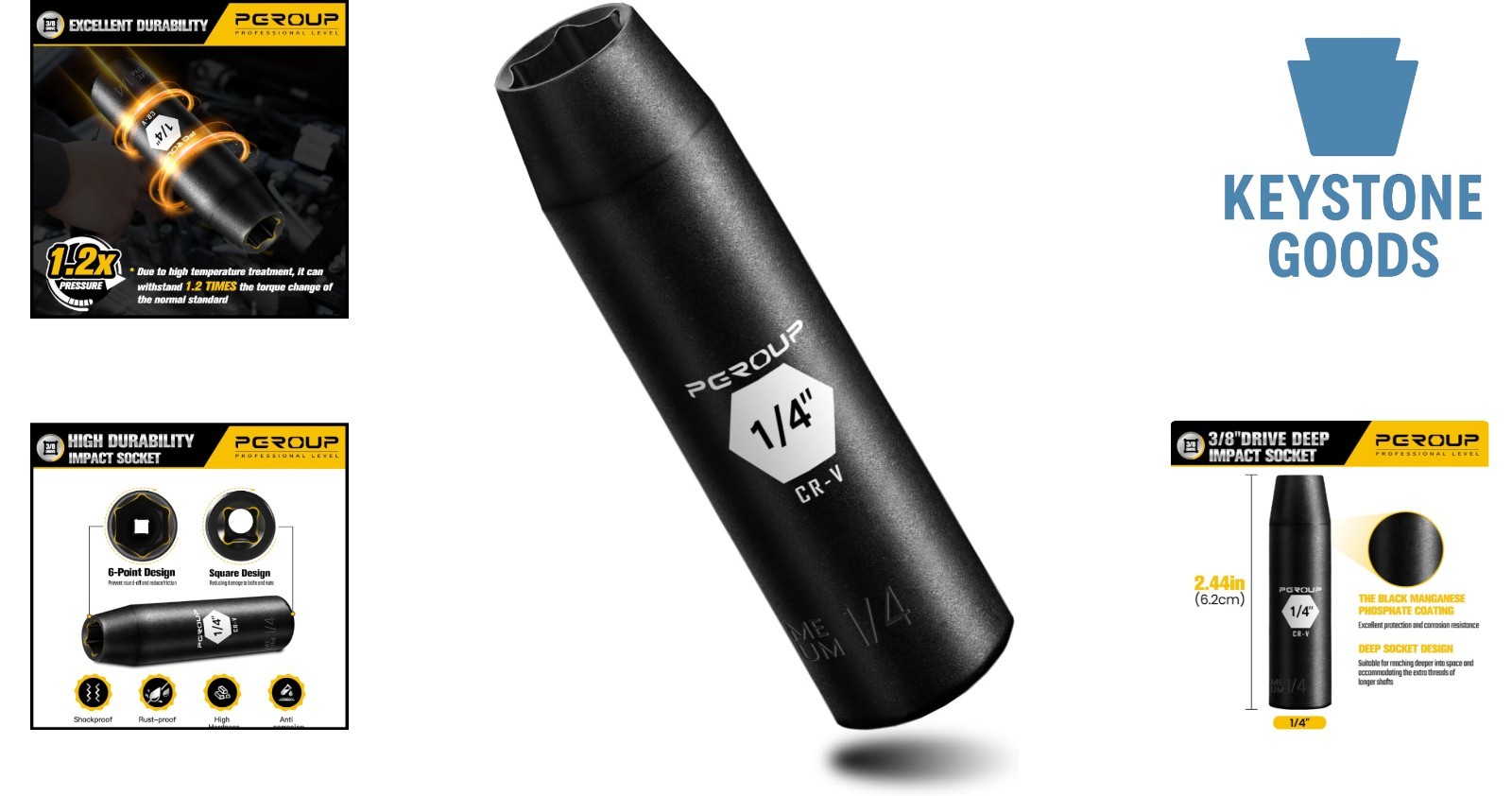 SAE 1/4» Deep Impact Socket – Chrome Vanadium, Black Manganese Coating
