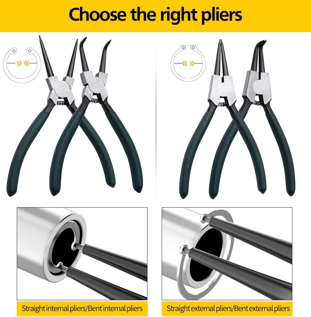 Precision 4pcs Circlip Pliers Kit, 7-Inch Internal/External Snap Ring Set