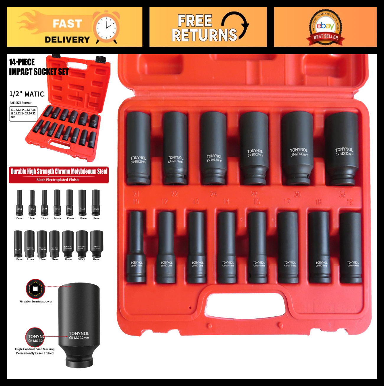 1/2″ Deep Drive Impact Socket Set, 6-Point Metric (10mm-32mm), 14 Pcs Cr-Mo Stee