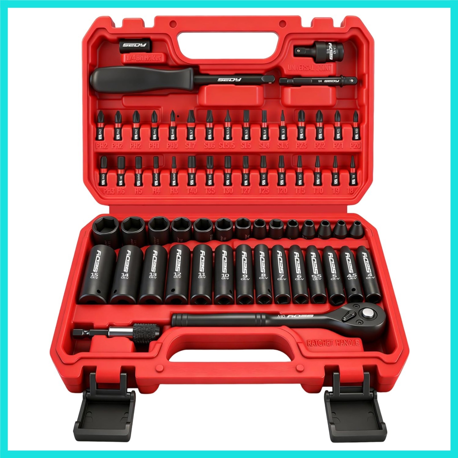 64-Piece 1/4″ Drive Impact Socket Wrench Driver-Bits Set, Cr-V Metric&SAE Dee…