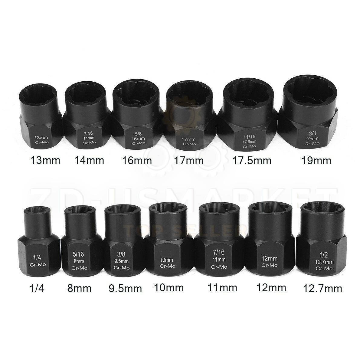 13pcs Bolt Extractor Damaged Lug Nut Remover Twist Socket Extractor Tool 8-19mm