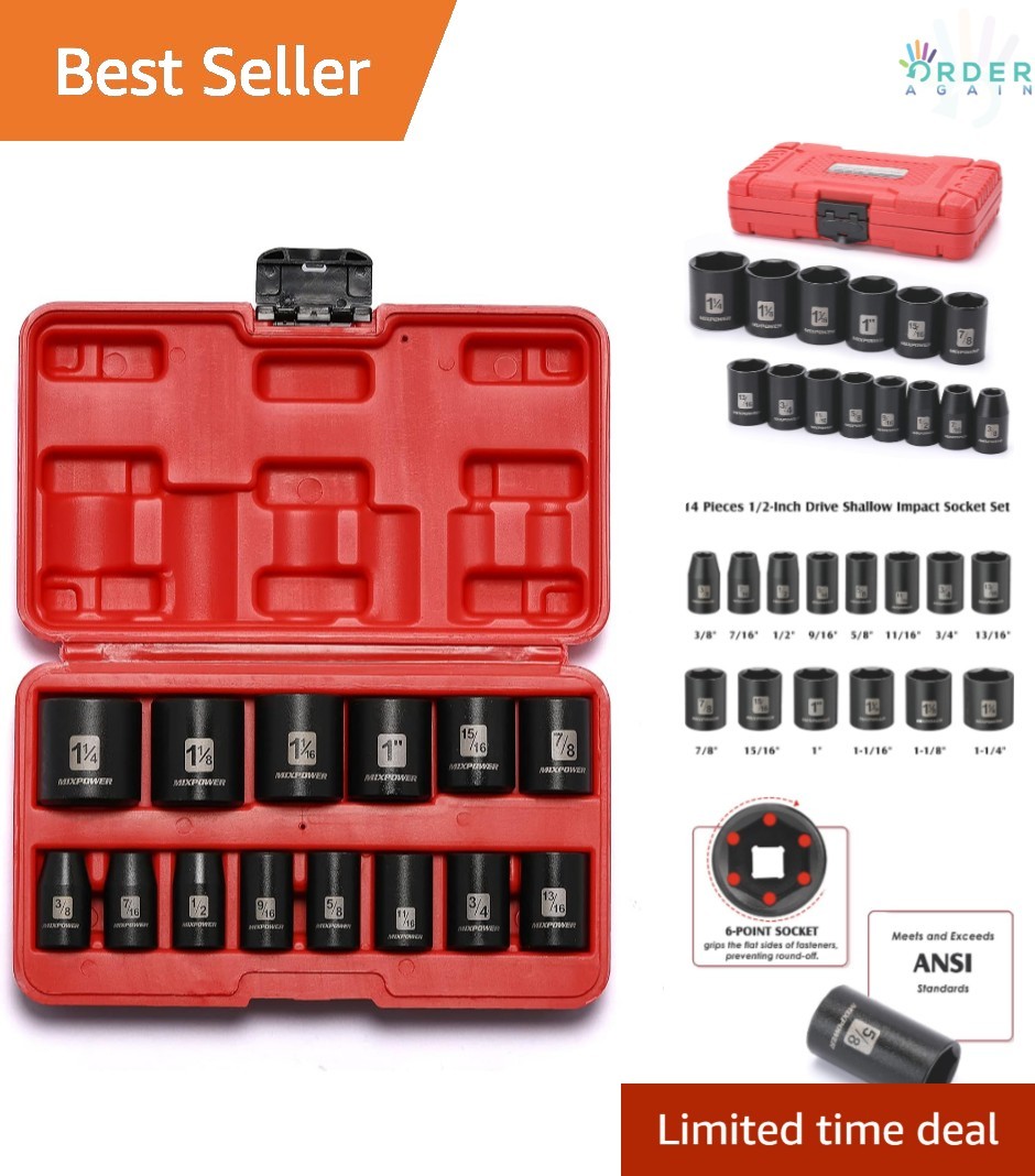 14-Piece Chrome Vanadium Impact Socket Set 3/8 to 1-1/4 Inch SAE Shallow Torque