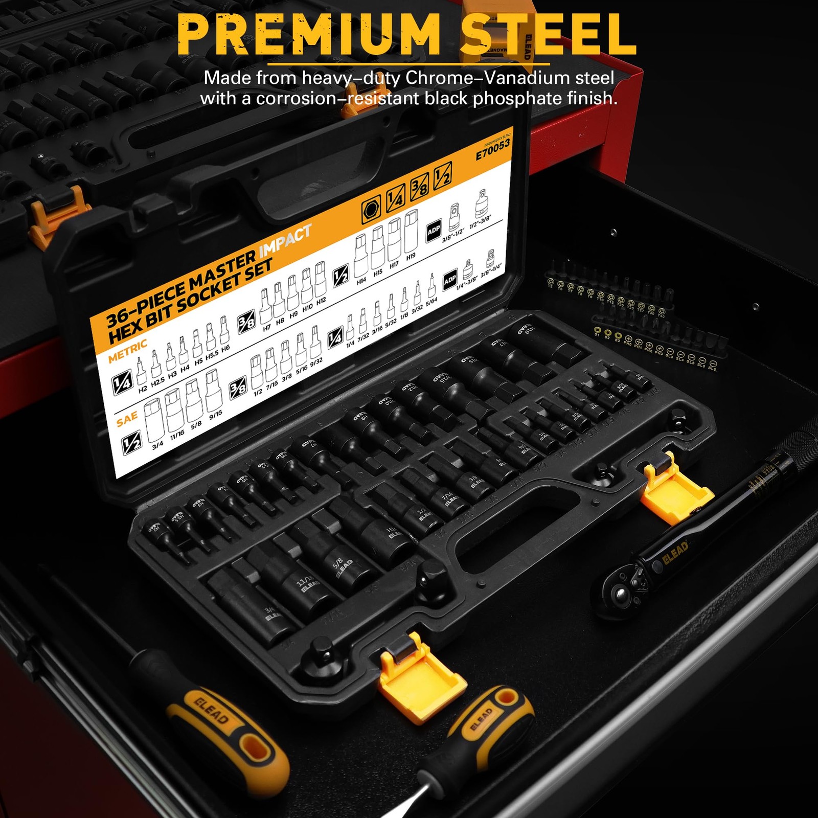 Hex Bit Impact Socket Set: 36-Piece with 4 Adapters, 1/4″, 3/8″, One Size