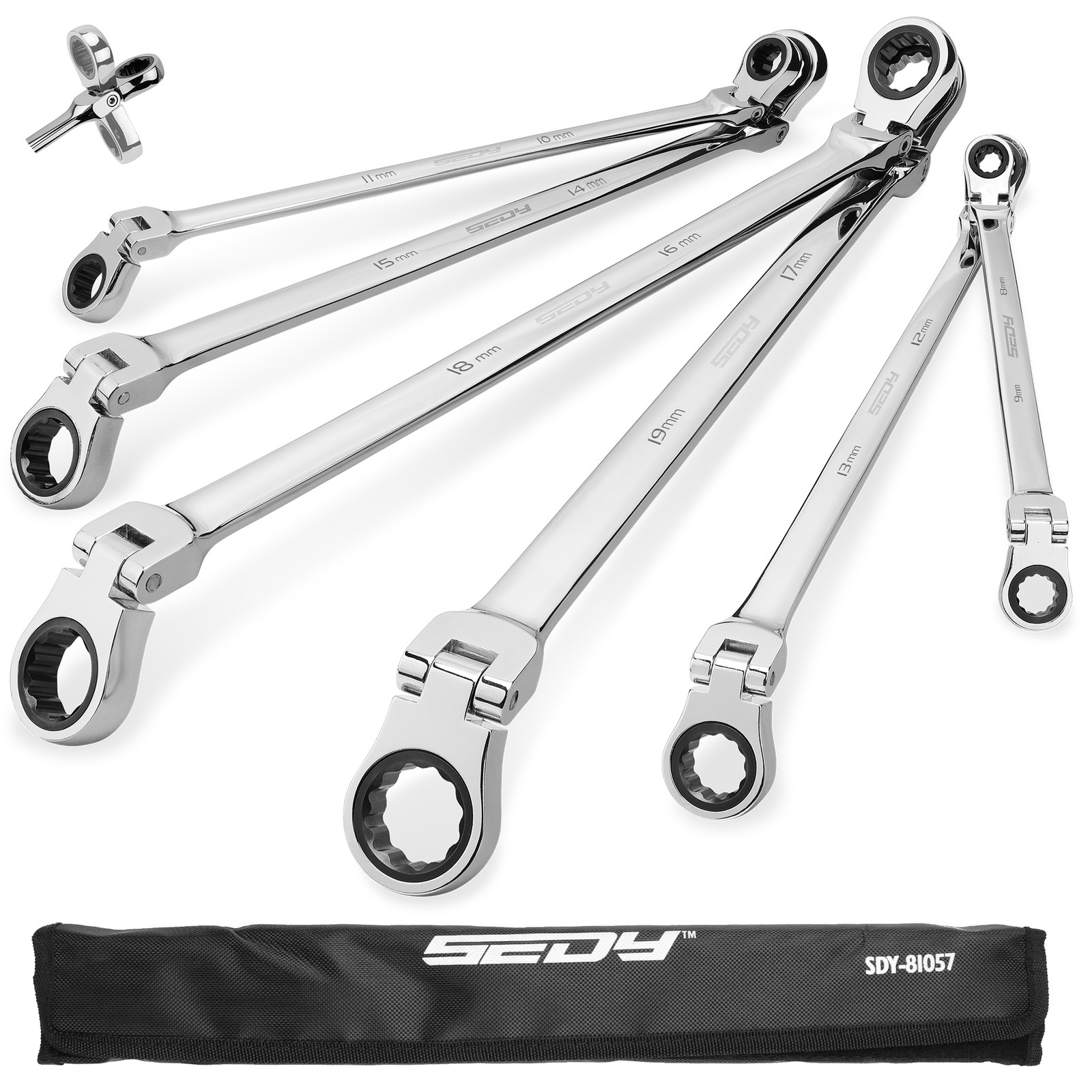 6PC Flex-Head Double Box End Ratcheting Wrenches Extra Long Metric Universal NEW