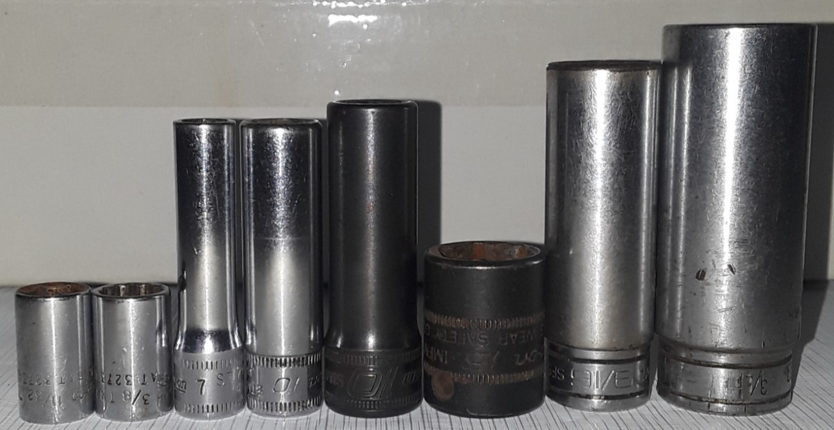 8 SnapOn Sockets 3/8 Impact 10, 15 1/4″D Chrome 7,10,11/32,3/8 & 3/8″D 9/16 3/4