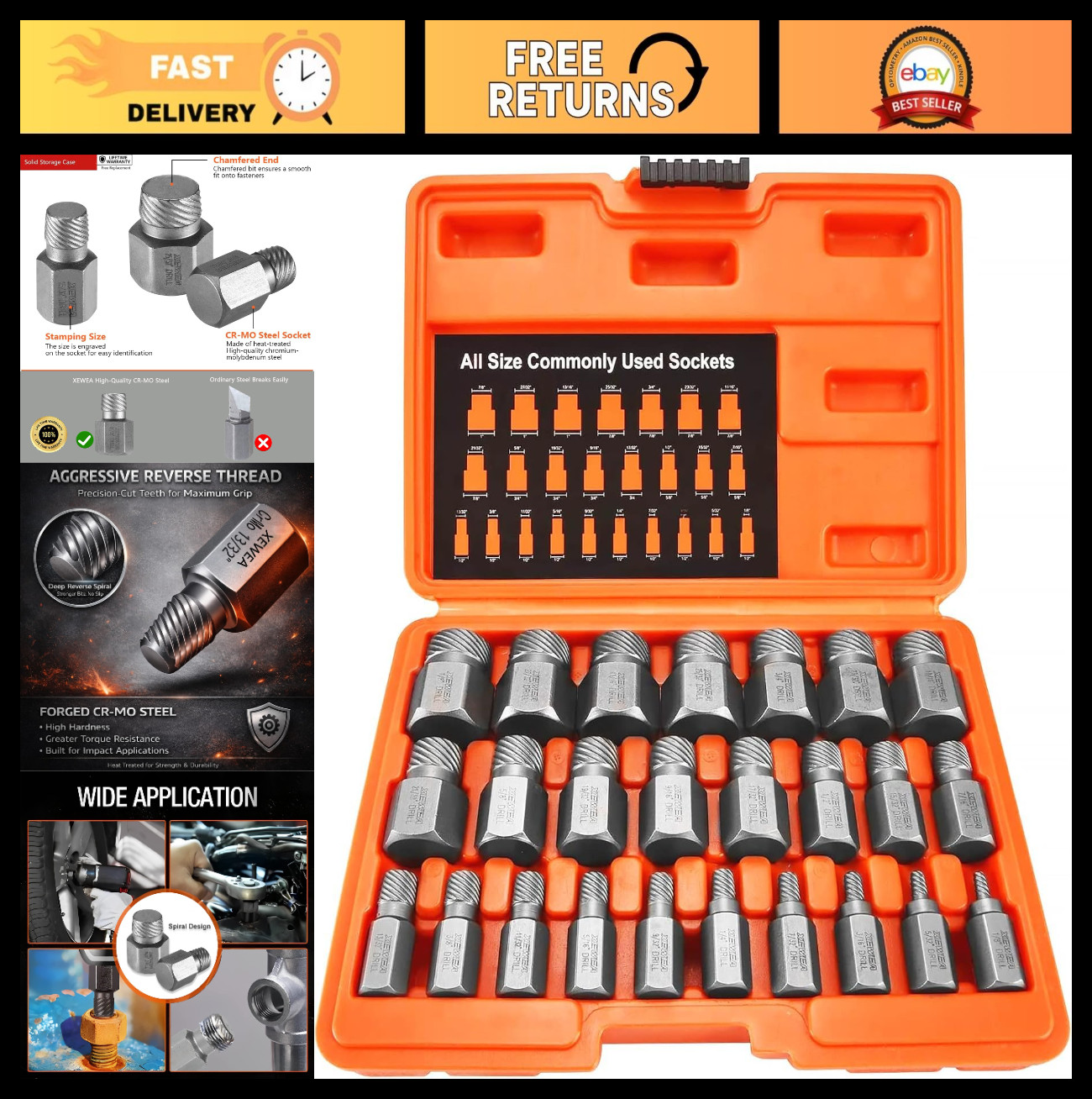 25Pcs Screw Extractor Set – Hex Head Bolt Remover Tool, High-Hardness Cr-Mo Stee