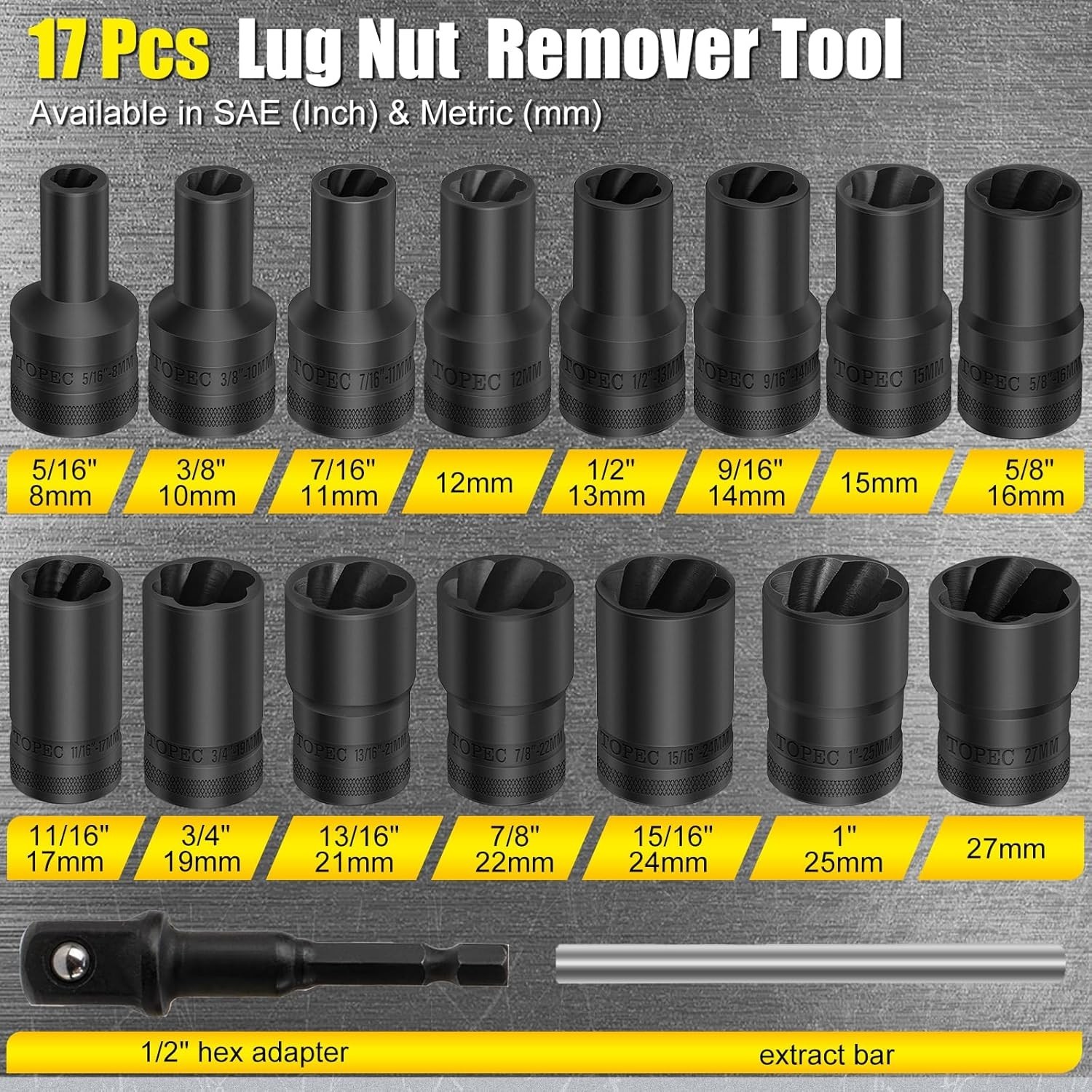 17Pcs Lug Nut Extractor Set, 1/2″ Drive Tool Kit