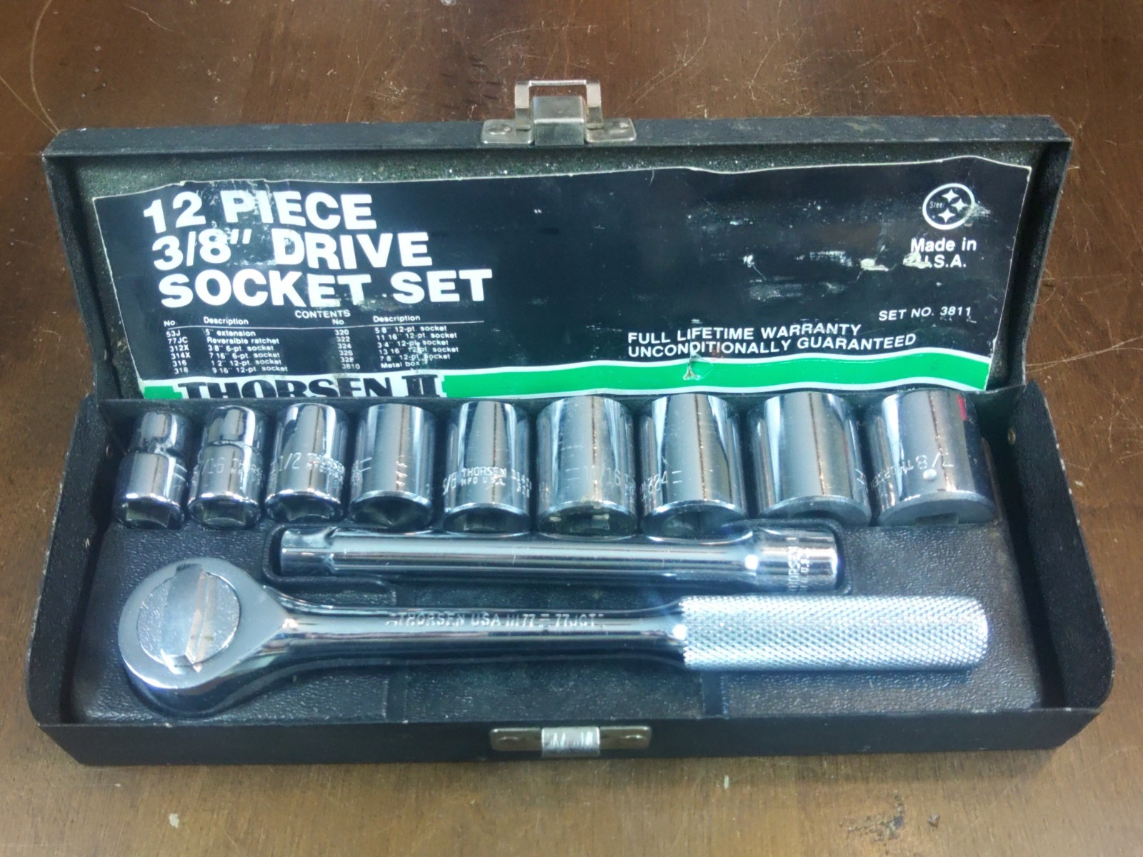 Vintage Thorsen ll 3/8″ Drive SAE Socket Set Metal Case Model Ratchet 3811