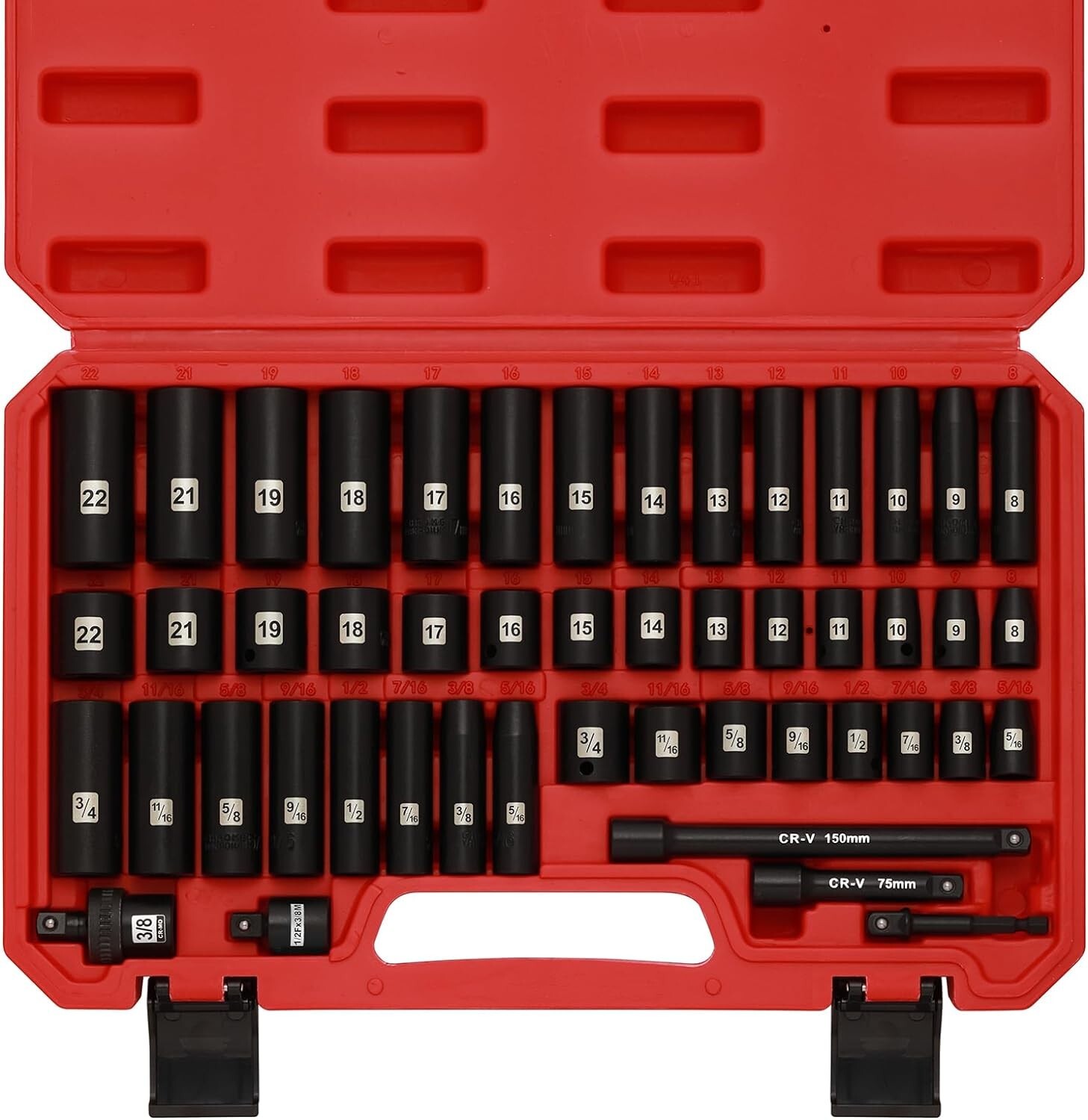 49 Pieces 3/8″ Drive Impact Socket Set 5/16″-3/4″ 8-22MM SAE/Metric 6 Point CR-V