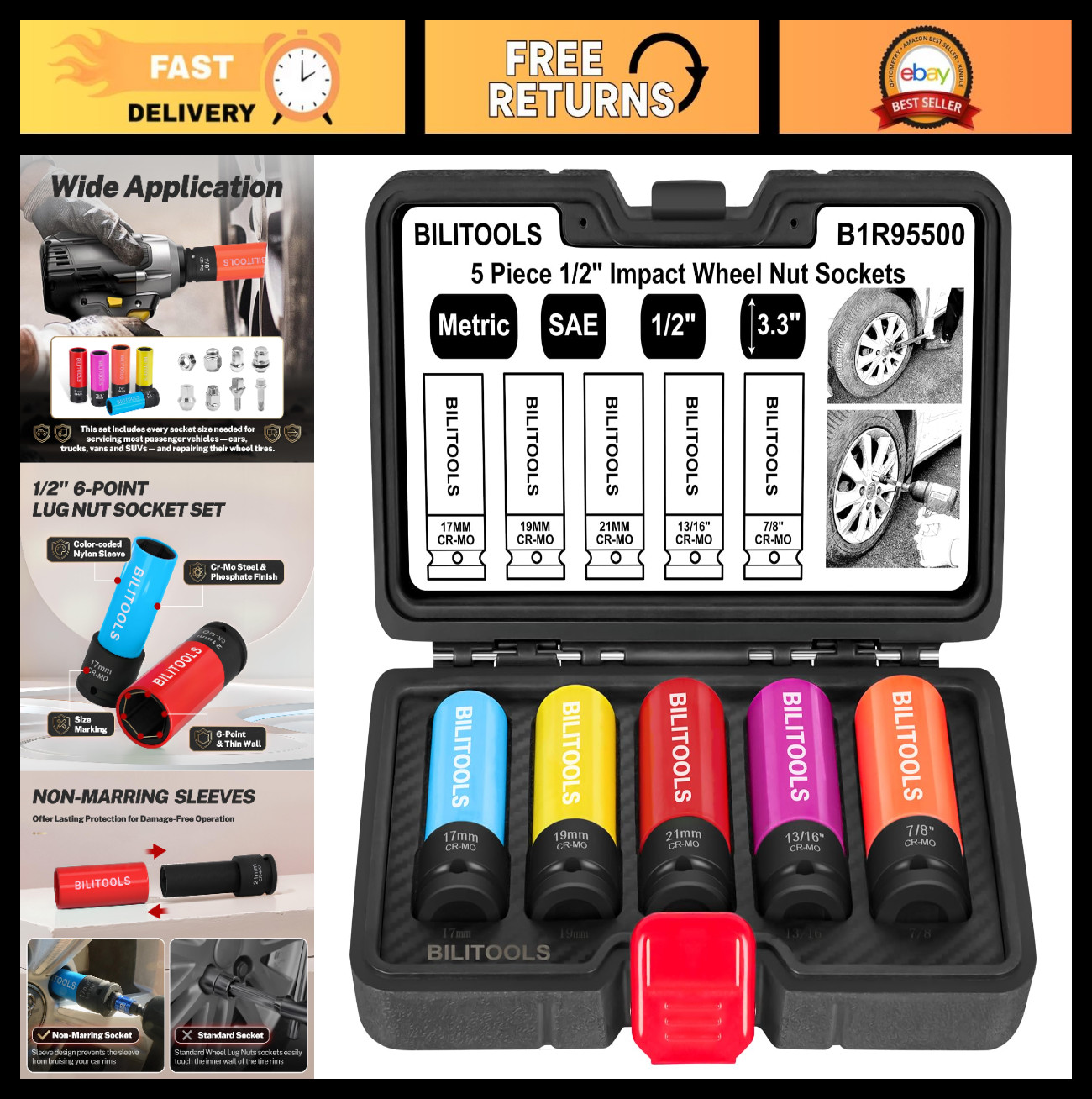 1/2″ Drive Impact Lug Nut Socket Set, Metric 17-21mm & SAE 13/16-7/8″, Thin Wall