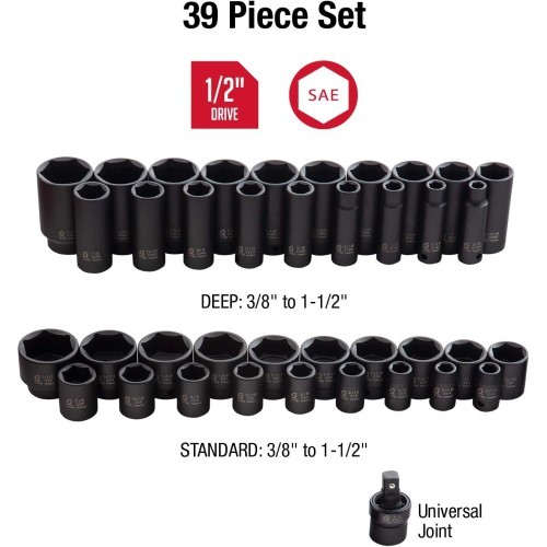 Sunex 2668 1/2″ Drive SAE Master Impact Socket Set, Standard & Deep, 39-pcs