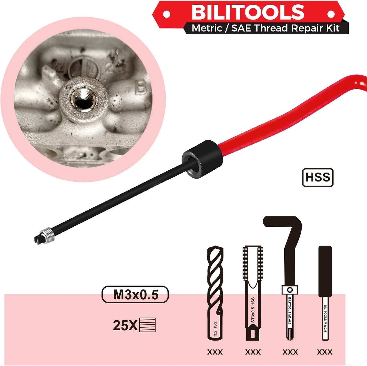 M3x0.5 Helicoil Thread Repair Kit with 304 Stainless Steel Inserts