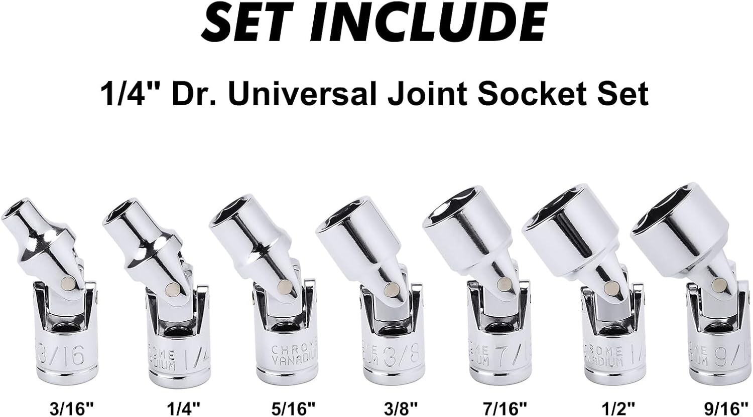 7Pcs 1/4″ Drive Universal Flex Socket Set Sae 3/16″ to 9/16″ 6Point Crv Swivel