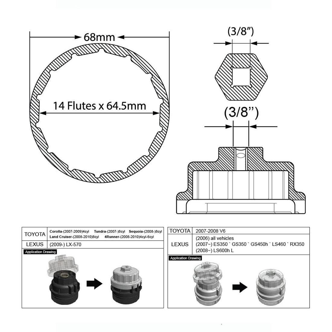 64mm Oil Filter Wrench Housing for Toyota 2.5-3.5L Engines Avalon Corolla Camry