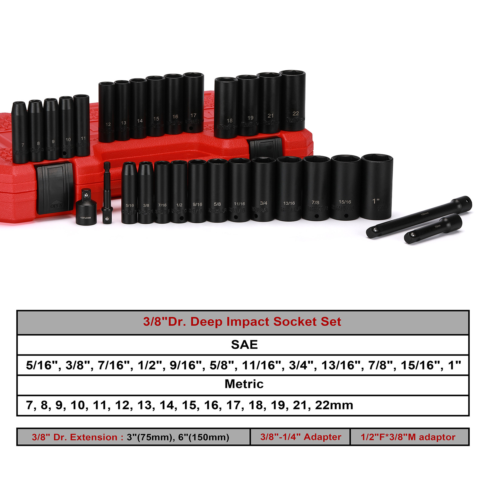 31Pcs 3/8″ Deep Impact Socket Set Metric & SAE CR-V Extension Bar (3, 6-inch)