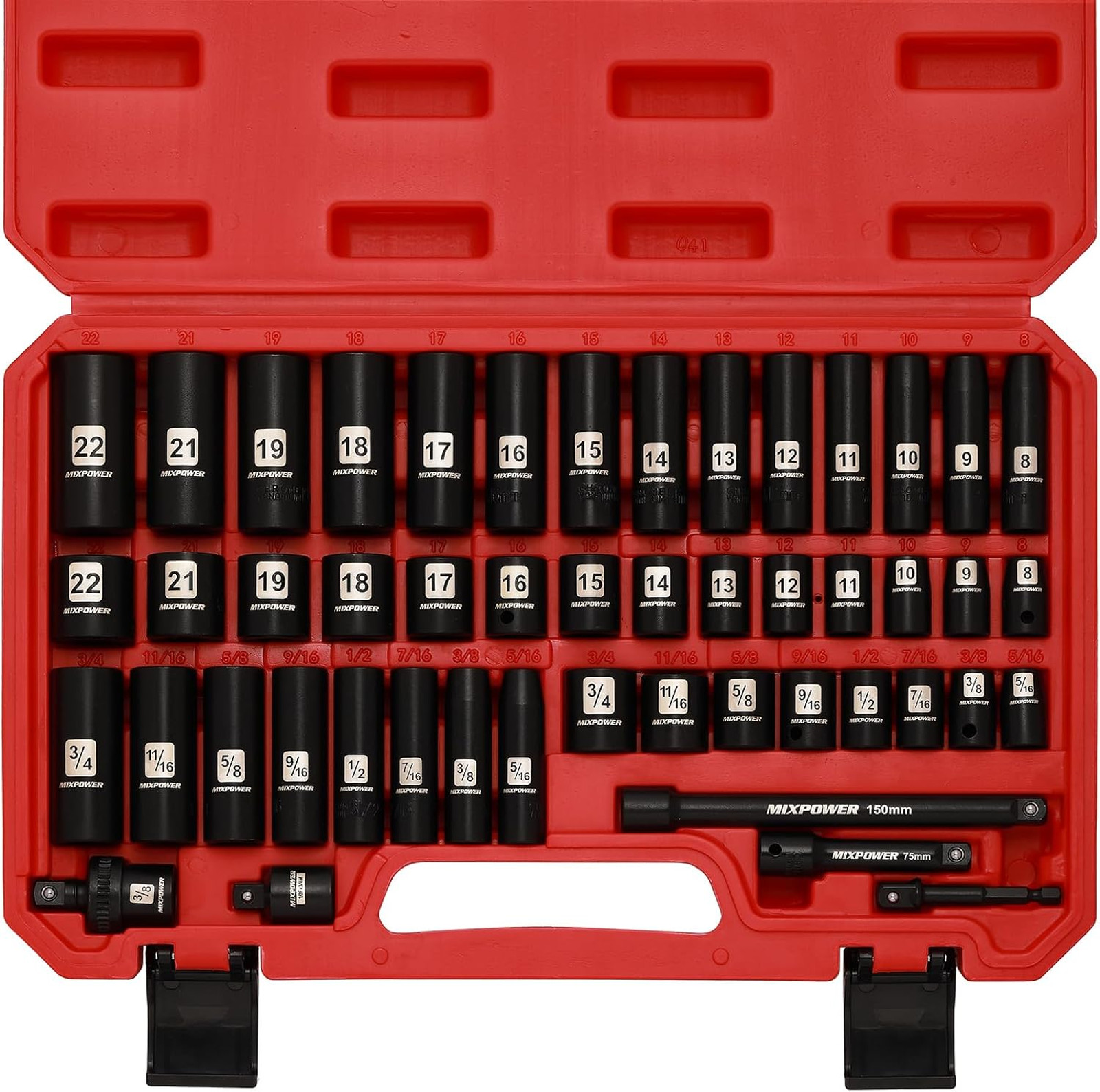 Impact Socket Set 3/8 Inch Deep Drive 49 Piece SAE Metric Sizes Cr-V Steel for
