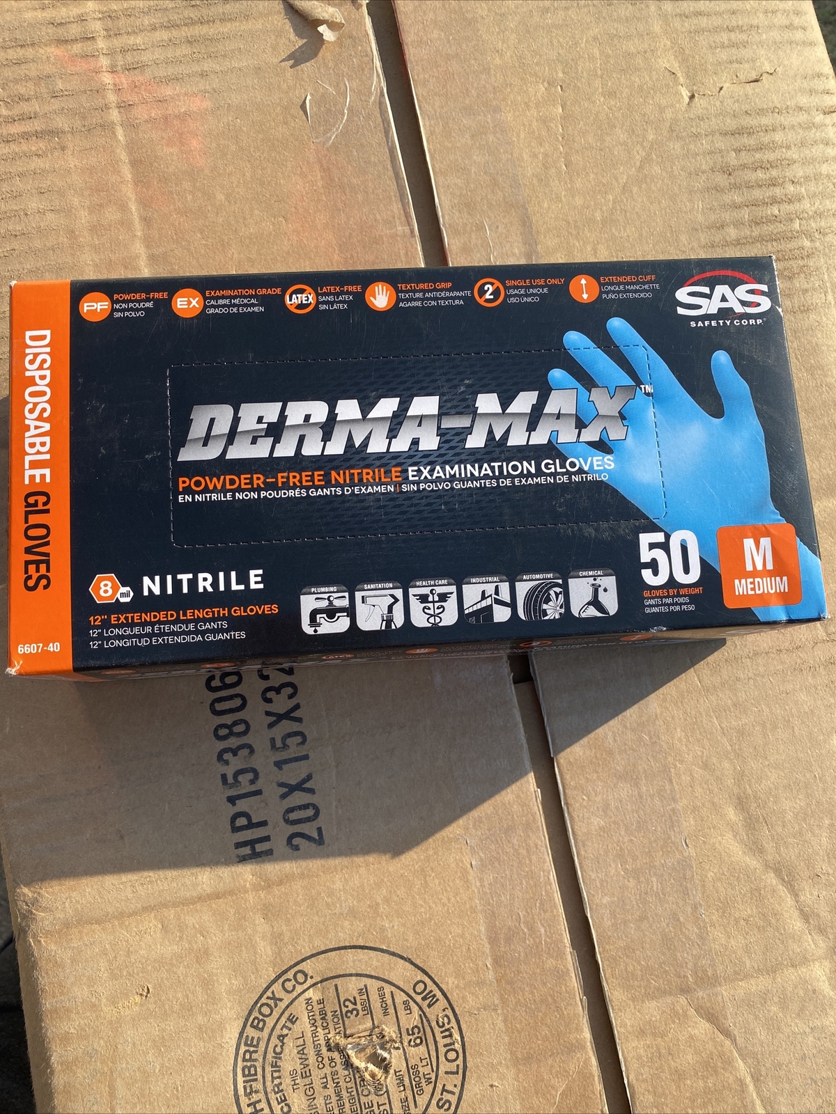 Gloves DERMA-MAX PF EX Powder-Free Exam Grade Nitrile M 50 pk 8 Mil SAS 6607-40
